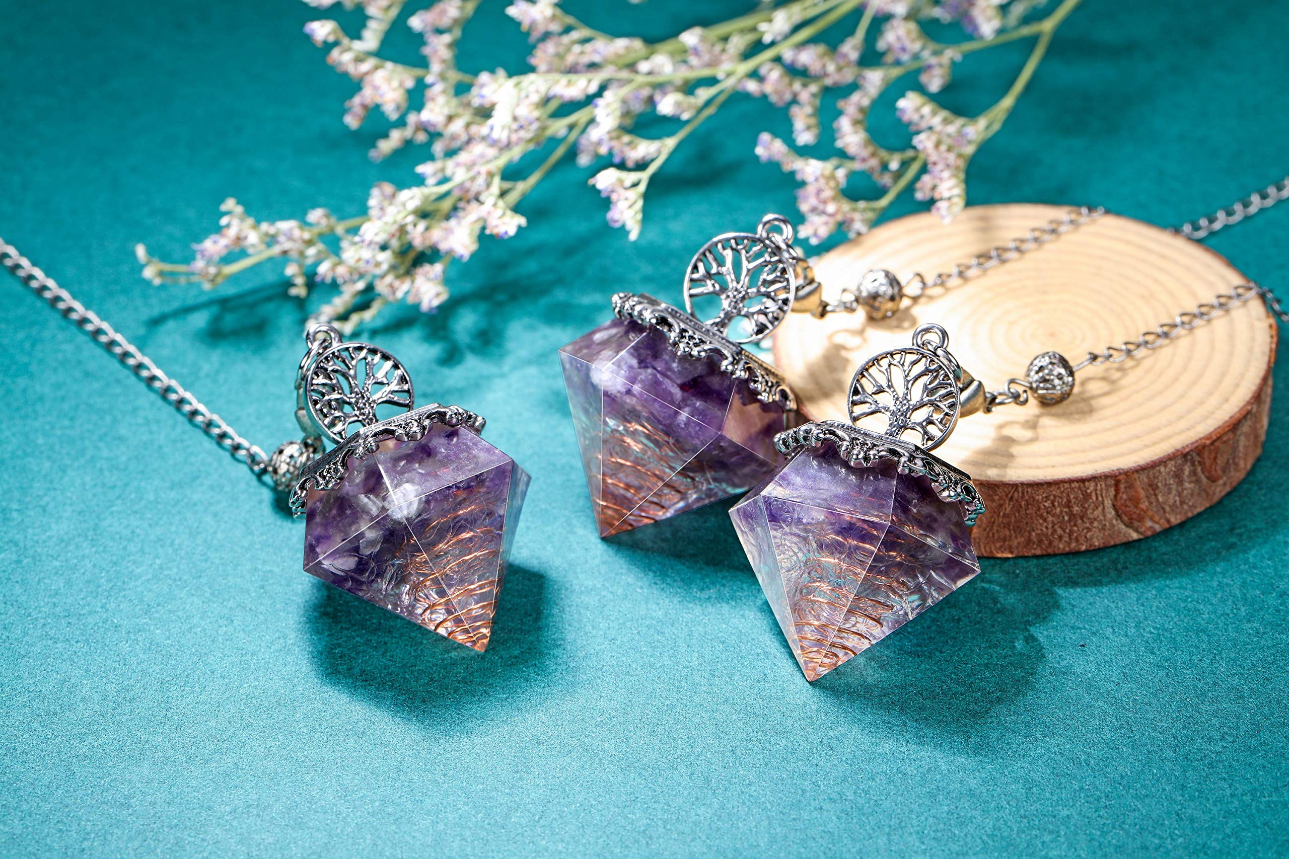 Pendolo In Ametista E Resina Per Divinazione, Reiki E Meditazione - Con Catena 24,5cm - Foto 4