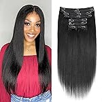 Mihugass Yaki Straight Clip ins Real Human Hair 18 Inch Brazilian Virgin Hair Clip in Hair Extensions Wear and Go Yaki Straight Clip on Hair Extensions 18Clips Per Set 120G Natural Color