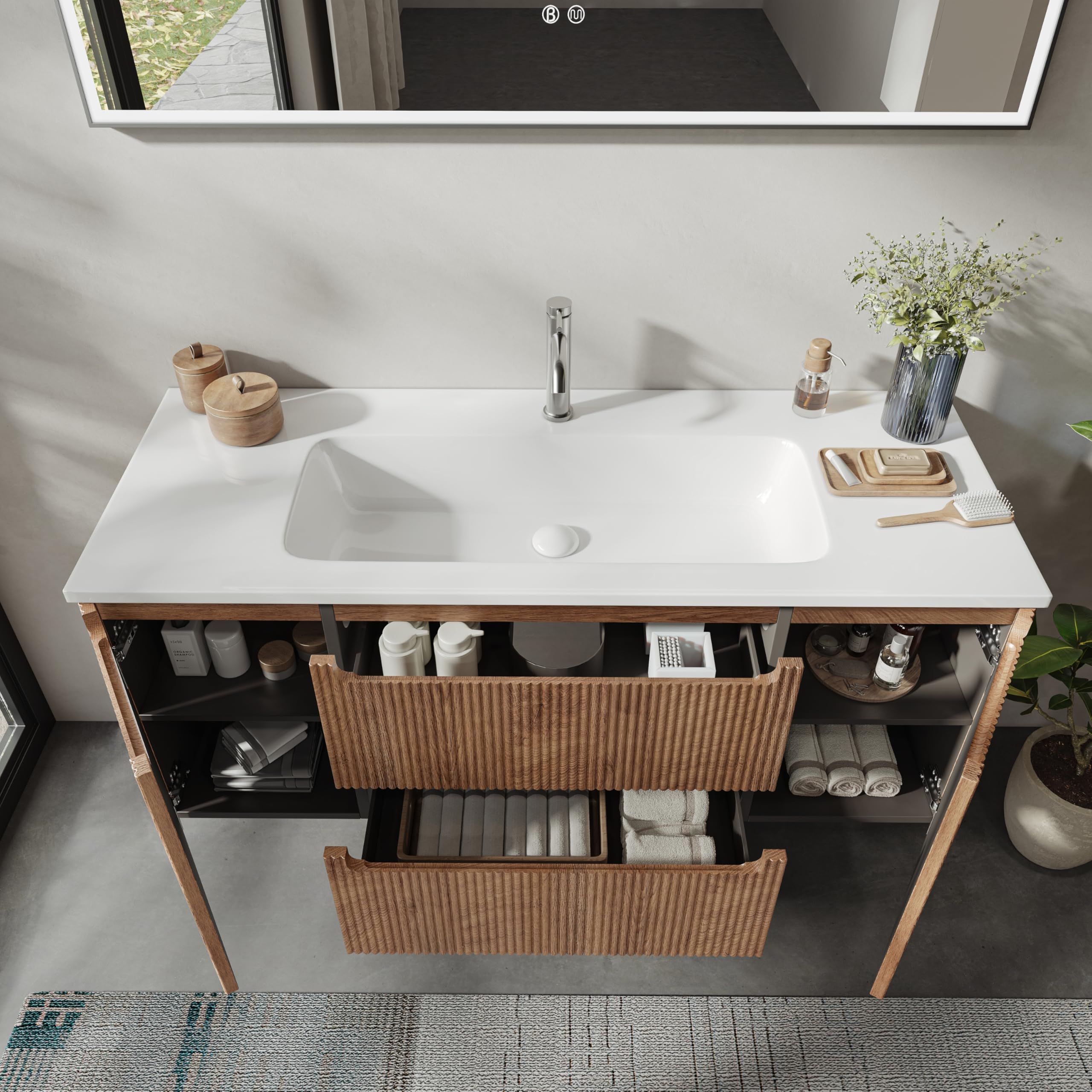 120 cm Wandwaschtisch Mit Mineralharzspüle, 2 Schubladen Und Türen, Ultradünn, Soft-Close, Geriffelt, Forest Walnut