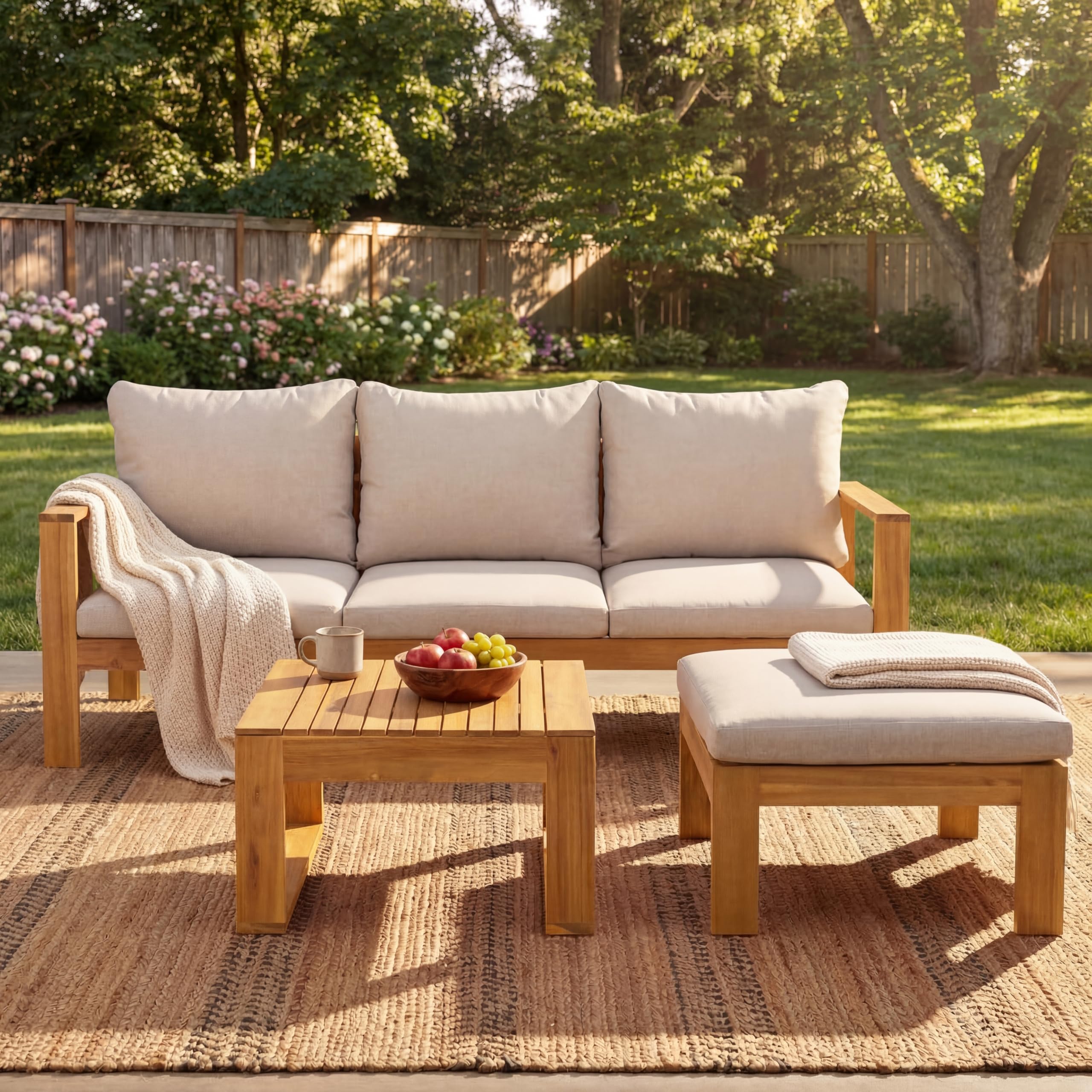 Photo 1 of **Missing hardware
 Christopher Knight Home Kayahs 3 Pieces Acacia Wood Furniture Set, Patio Conversation Sofa with Coffee Table and Ottoman, Outdoor 3-Seater Sofa Set for Backyard Balcony Gardern, Teak Finish+Beige