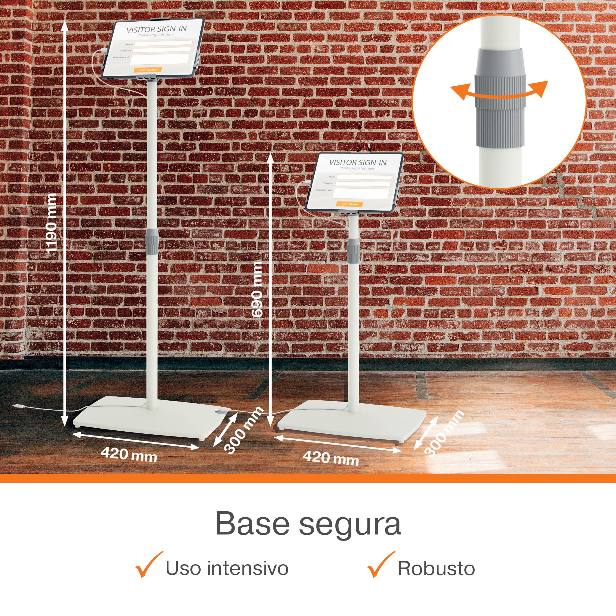 Nobo Impression Pro Soporte de Suelo Tablet, ajustable y con cerradura | Tablets 9"-12,9", altura 690-1190 mm, rotación, gestión de cables, antirrobo, recepción, tienda, aula, blanco