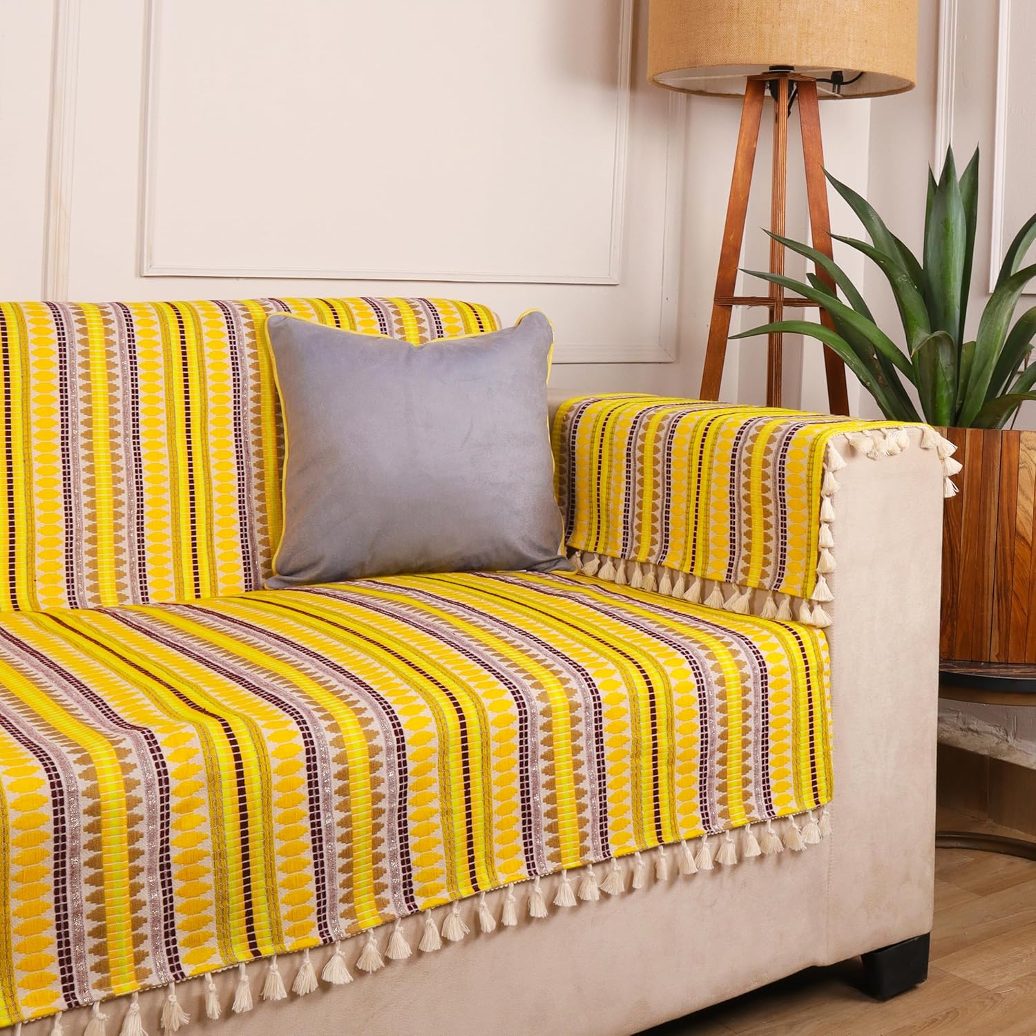 STITCHNEST Woven 1 Seater Sofa Protector with 2 Hand Rest Covers – Yellow & White Stripe Design – Washable Fabric with Tassels – Stylish Sofa Cover for Modern Living Room & Furniture Décor STITCHNEST Woven 1 Seater Sofa Protector with 2 Hand Rest Covers – Yellow & White Stripe Design – Washable Fabric with Tassels – Stylish Sofa Cover for Modern Living Room & Furniture Décor