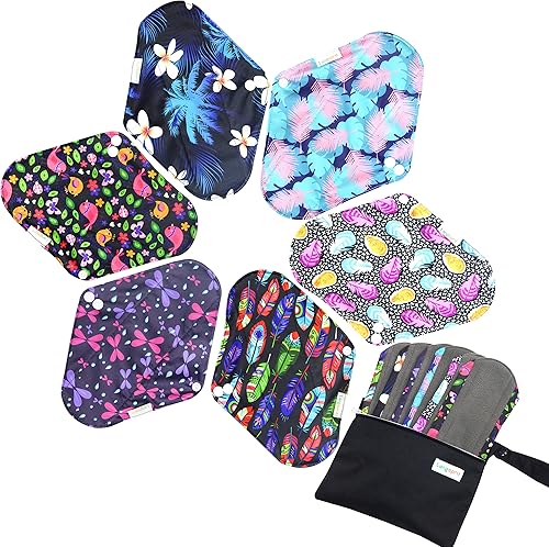 Juego de 7 piezas de 1 mini bolsa húmeda + 6 almohadillas sanitarias reutilizables y absorbentes, almohadillas menstruales de tela de bambú lavables