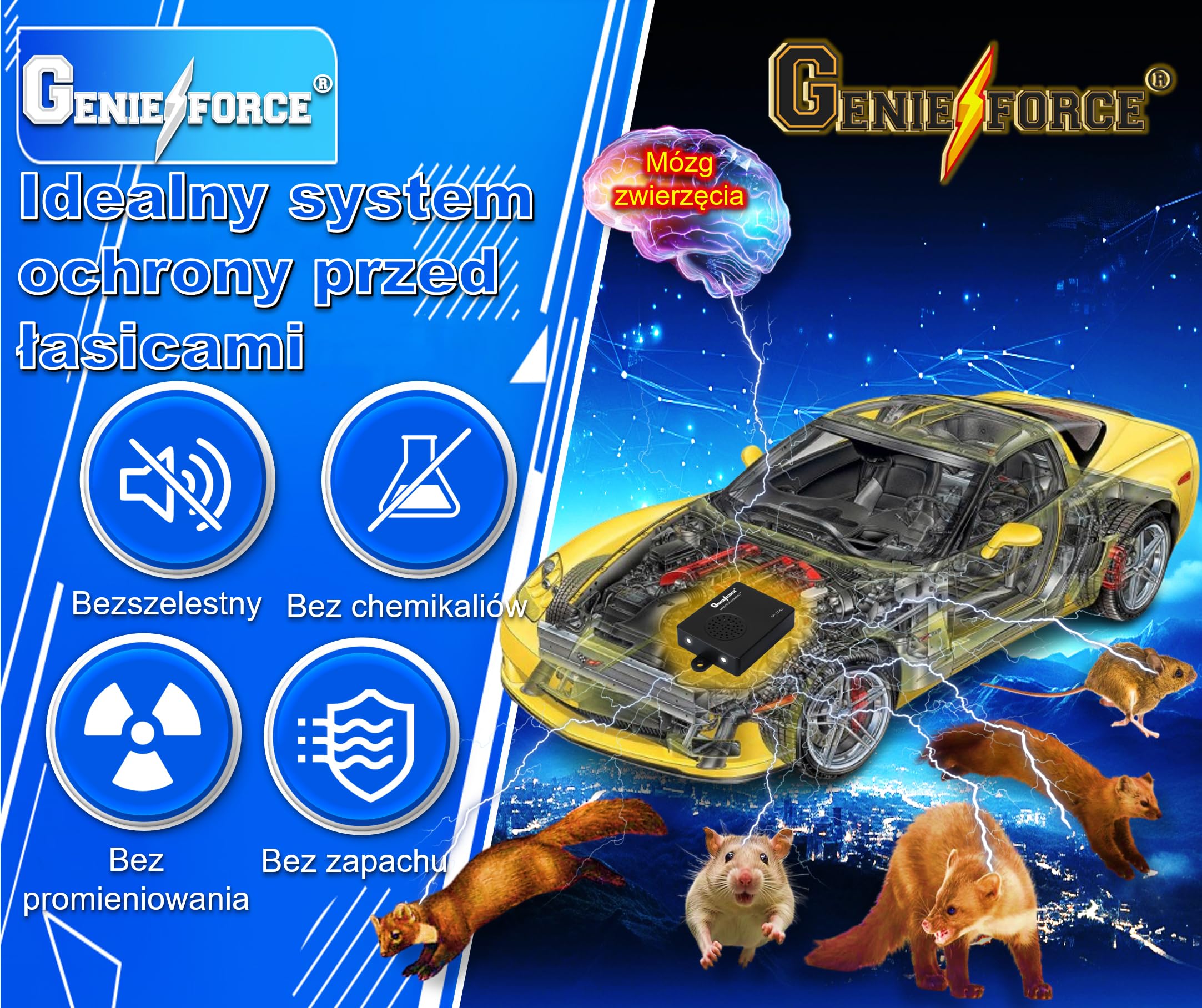 Genieforce® odstraszacz kun, urządzenie ultradźwiękowe do samochodów, łatwy montaż, wodoszczelny, przyłącze akumulatora samochodowego, GF-T7-5X