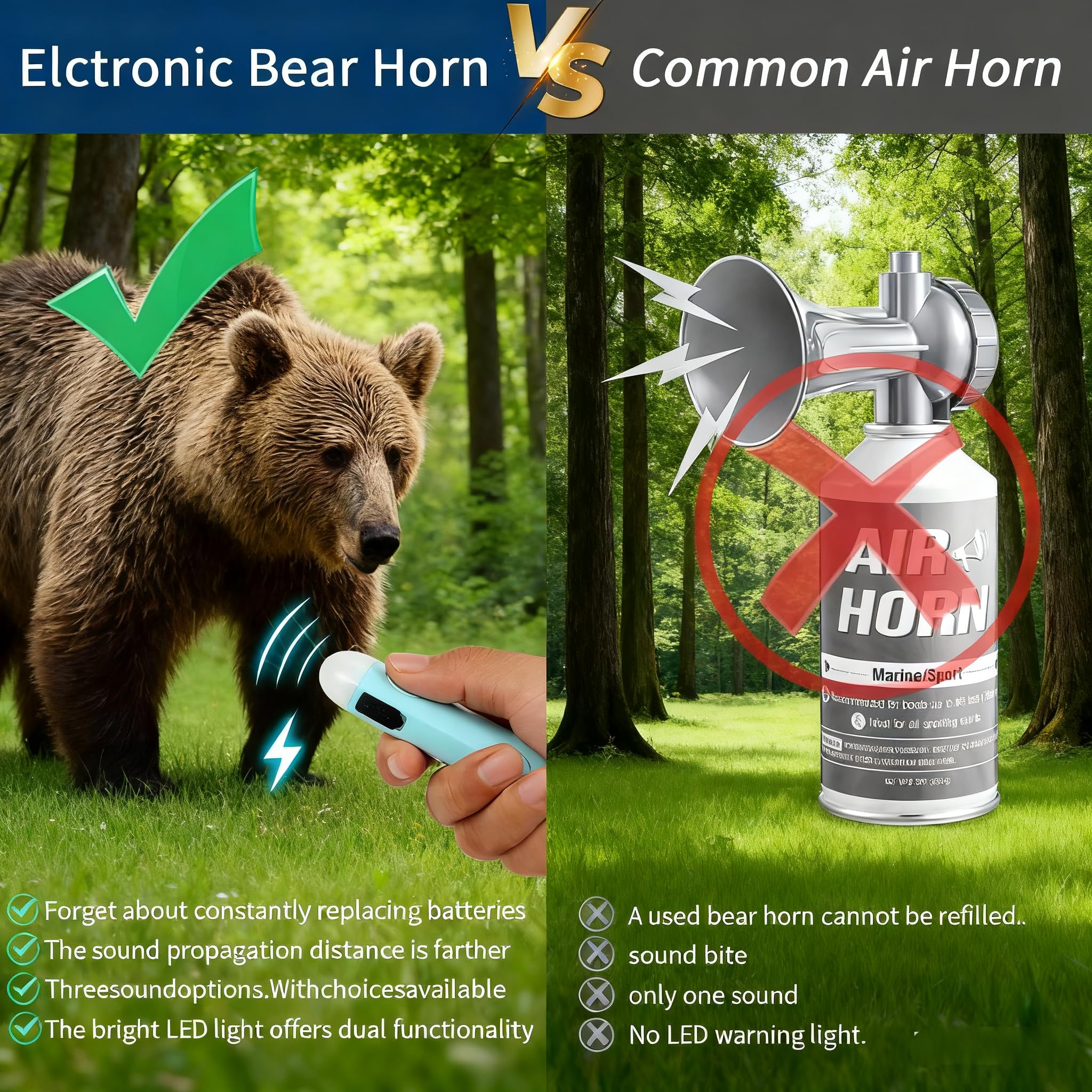 Clacson elettronico ricaricabile con allarme forte da 130 dB e luce stroboscopica a LED, corno di sicurezza personale ultra leggero per cani, escursionismo, campeggio, protezione della fauna selvatica