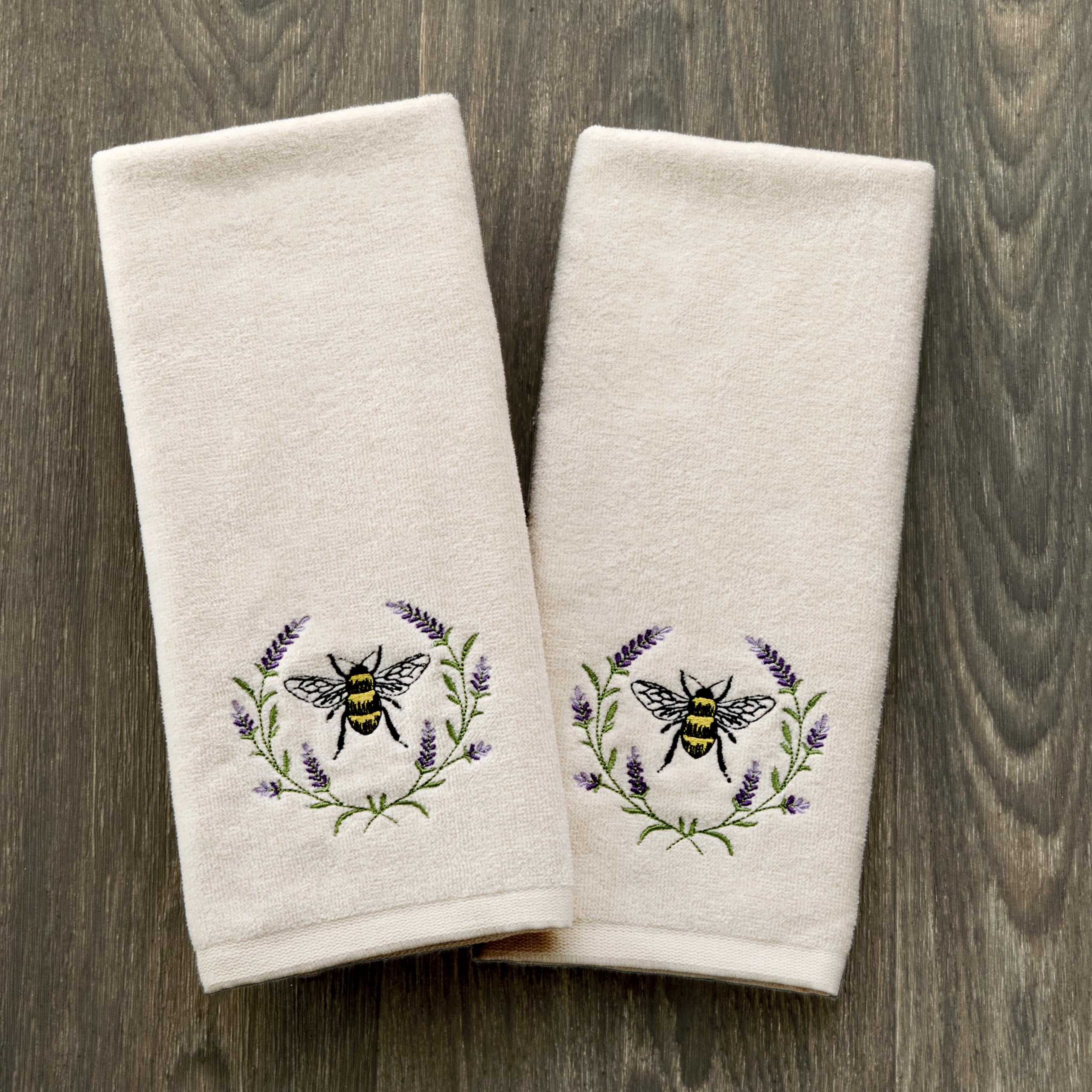 SKL Home Bee Lavender 100% bawełna haftowany 2 szt. zestaw ręczników do rąk, dekoracyjny do wanny/kuchni/baru i na prezent, naturalny