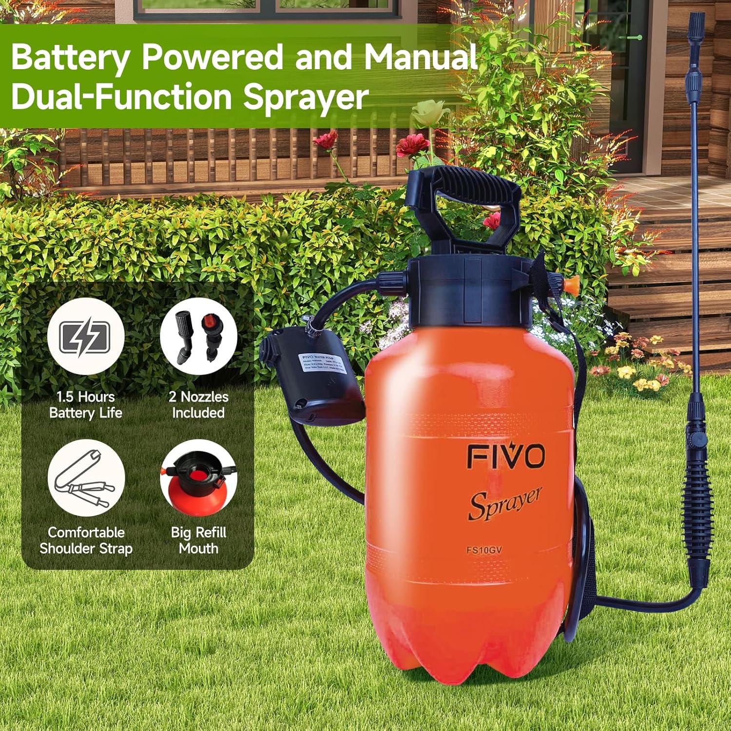 FIVO Battery Powered Sprayer for Yard and Garden (2.0 Gallon)