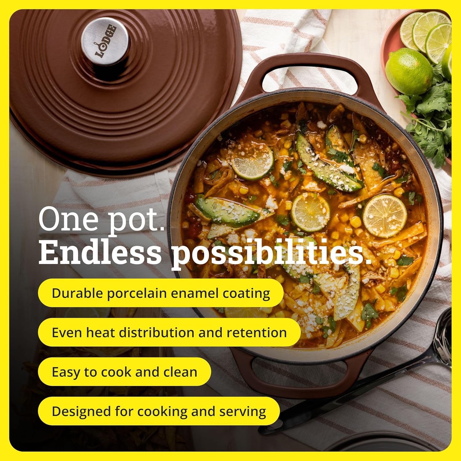 Lodge Essential Enamel Cast Iron Dutch Oven 6 Quarts - Perfect for Bread Baking, Braising, Marinating & Slow Cooking, Features Moisture-Sealing Lid & Dual Handles, Kitchen Essentials, Burnt Sienna