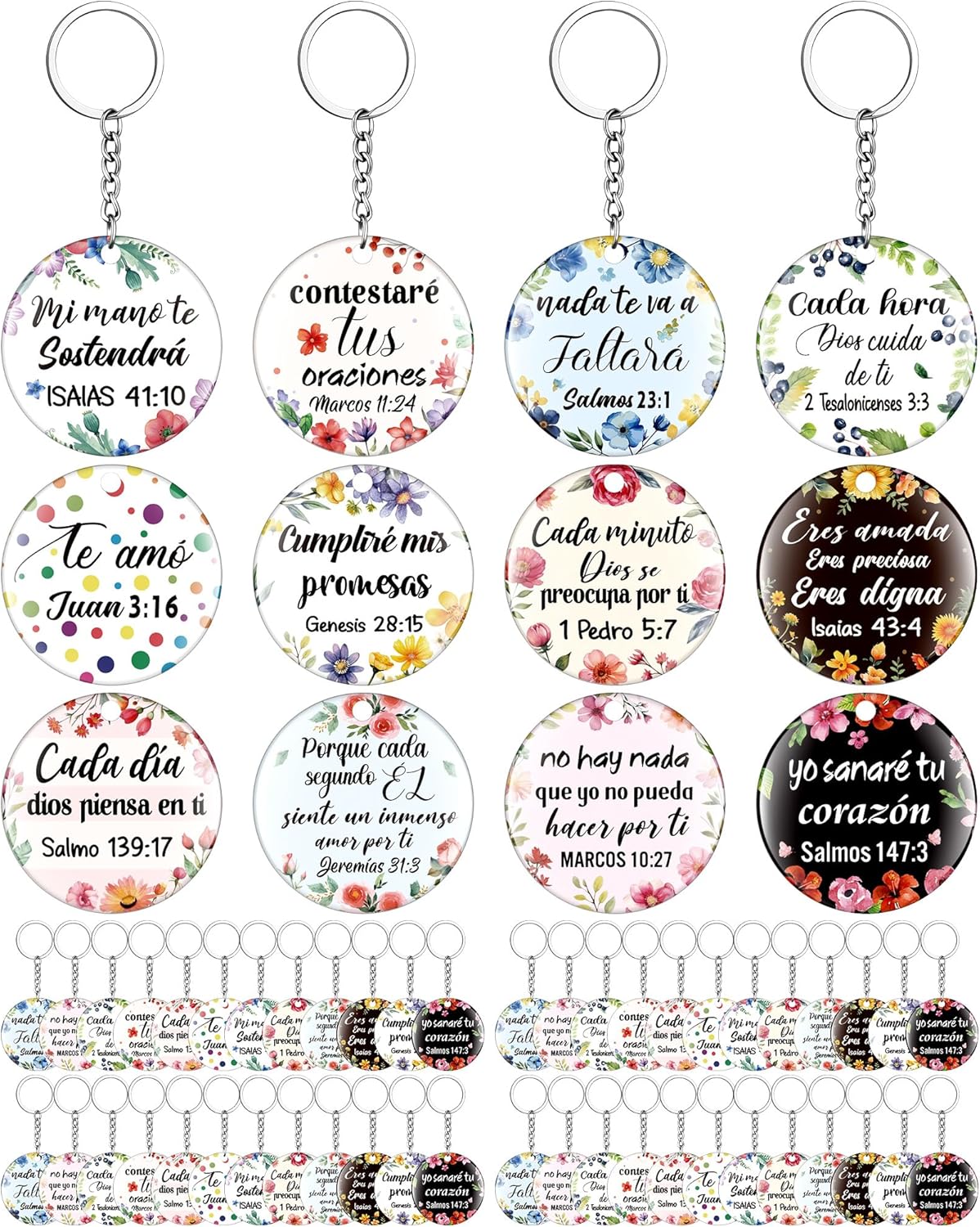 Sureio 48 Pcs Spanish Christian Keychain Gifts Bible Verse Inspirational Keychain Bulk Religious Party Gifts for Women Men