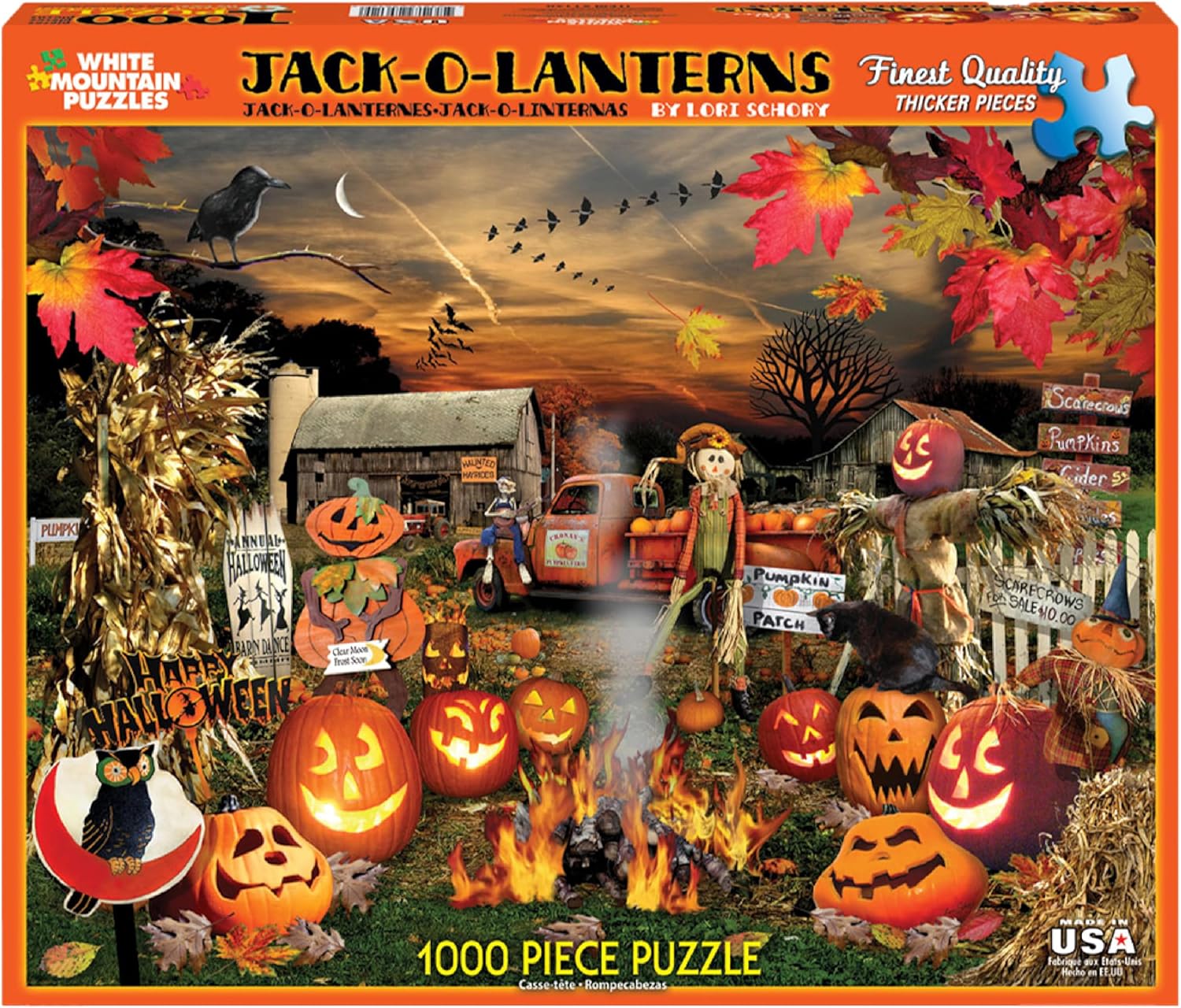 Box cover of Halloween-themed jigsaw puzzle with cozy village scene