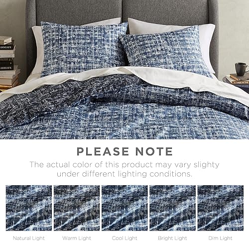 Miniatura 8 de Hyde Lane Funda de edredón para hombre, tamaño Queen, color azul, moderno, estampado estético, de mezclilla, patrón de líneas a cuadros, juego de