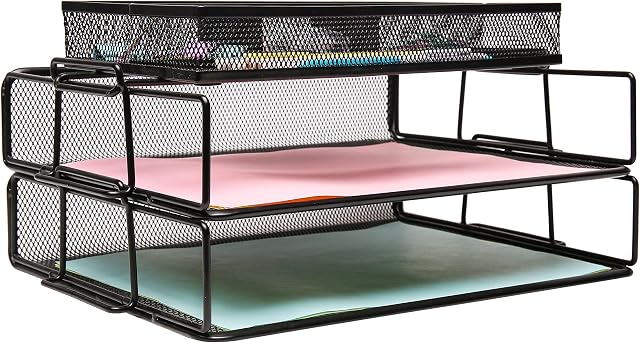 EXERZ Layer of 2 Wired Mesh Paper Sorter plus an Accessory Tray/ Desk Organiser / Detachable File Holder, With Extra Divider / Memo Holder On Top  Office, School, Study Multifunctional Essential