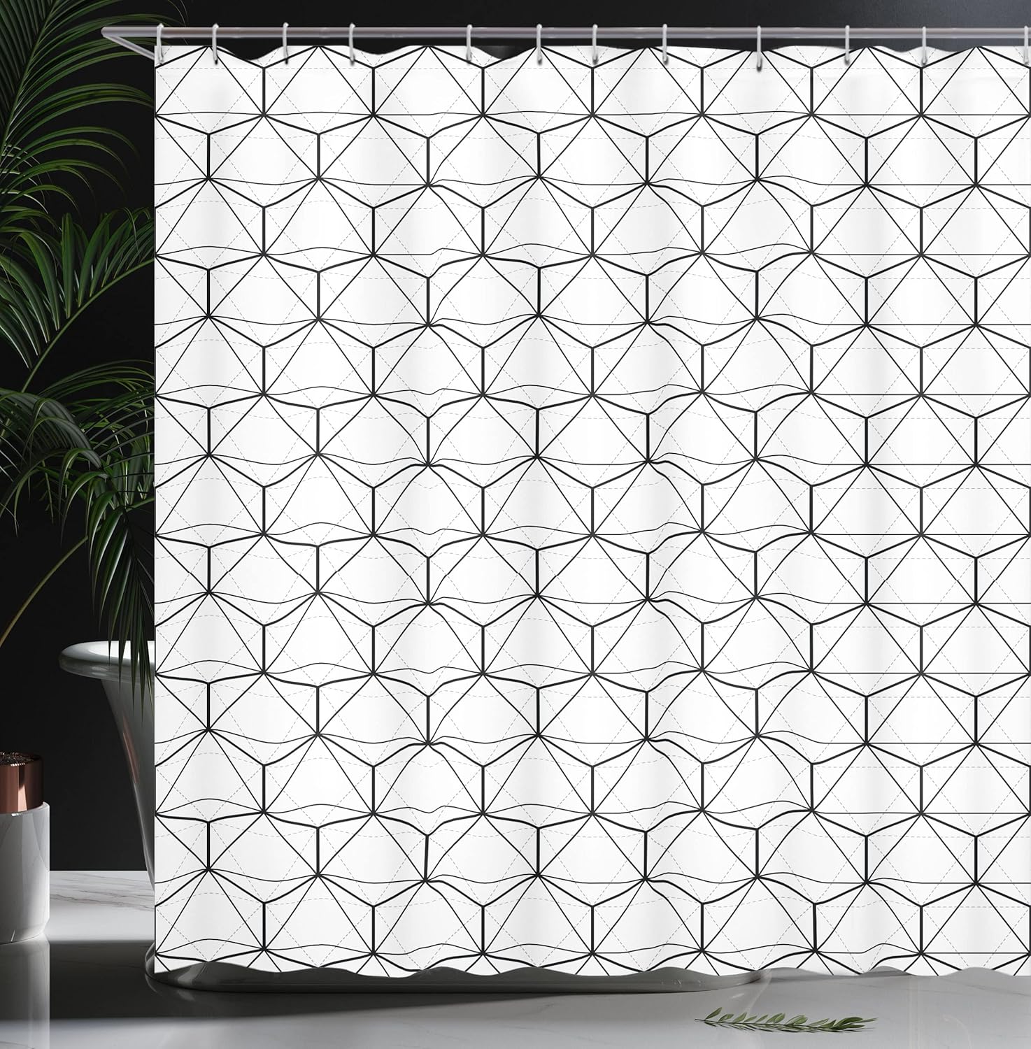 Ambesonne Geometric Shower Curtain, Abstract Lines Charcoal Grey Colored Striped Image with Hexagonal Design, Cloth Fabric Bathroom Decor Set with Hooks, 69" W x 84" L, Black and White