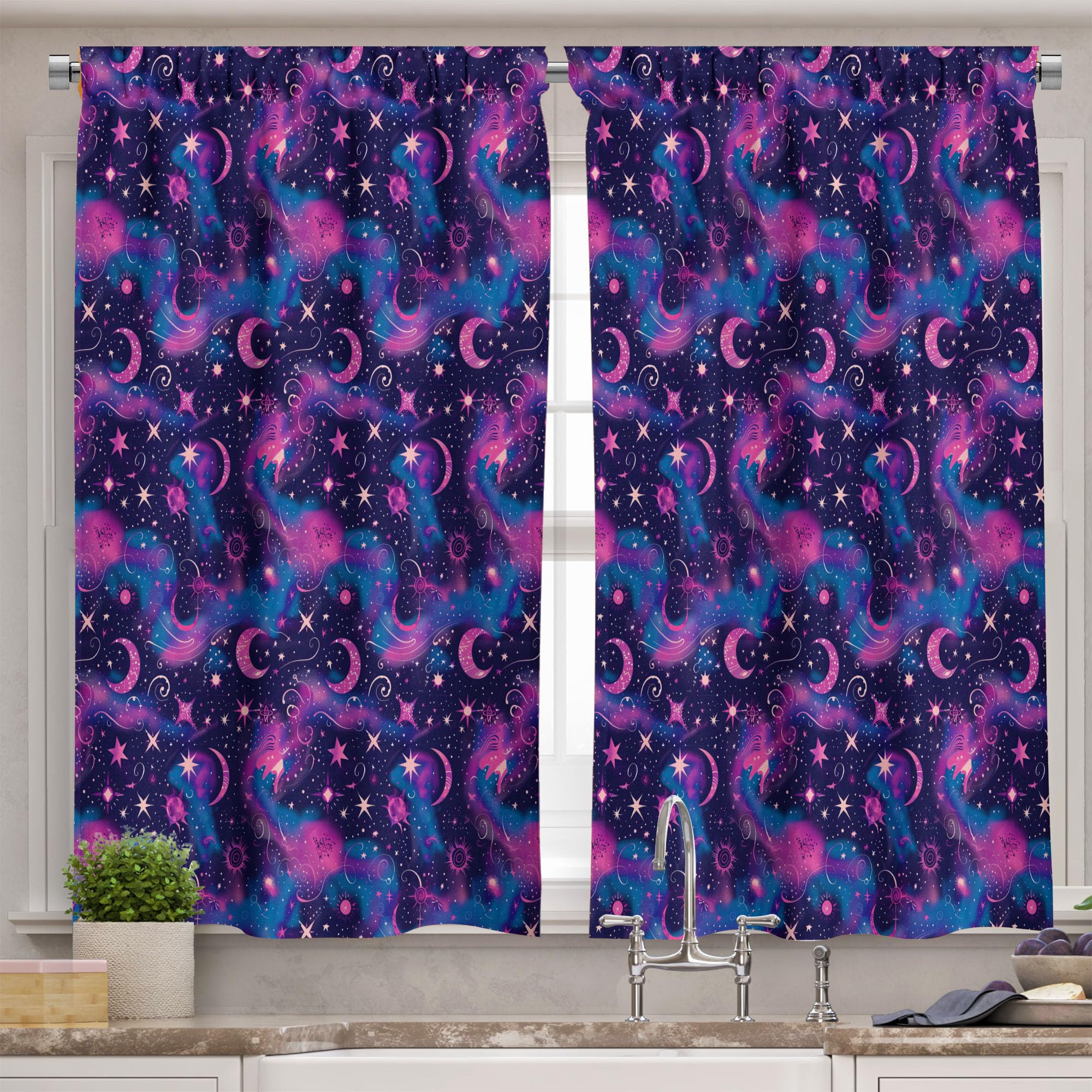Ambesonne Mystical Valance & Tier Curtain 3 pcs Set, Trippy Magic Whimsical Starry Night with Moon Sun and Planets Print, Window Treatments for Kitchen Room Decor, 55