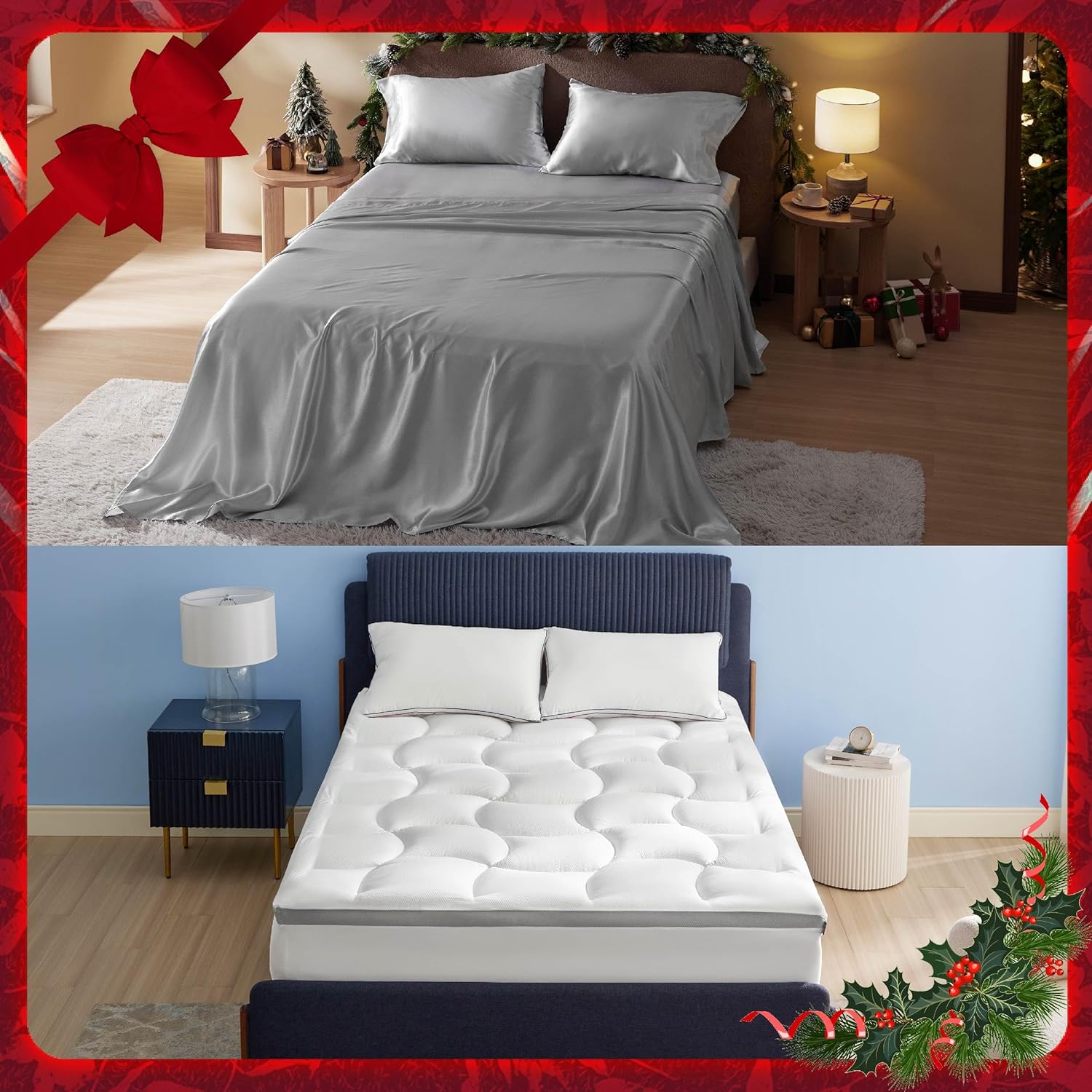 Bedsure Satin Sheets Bundle Mattress Topper 800GSM