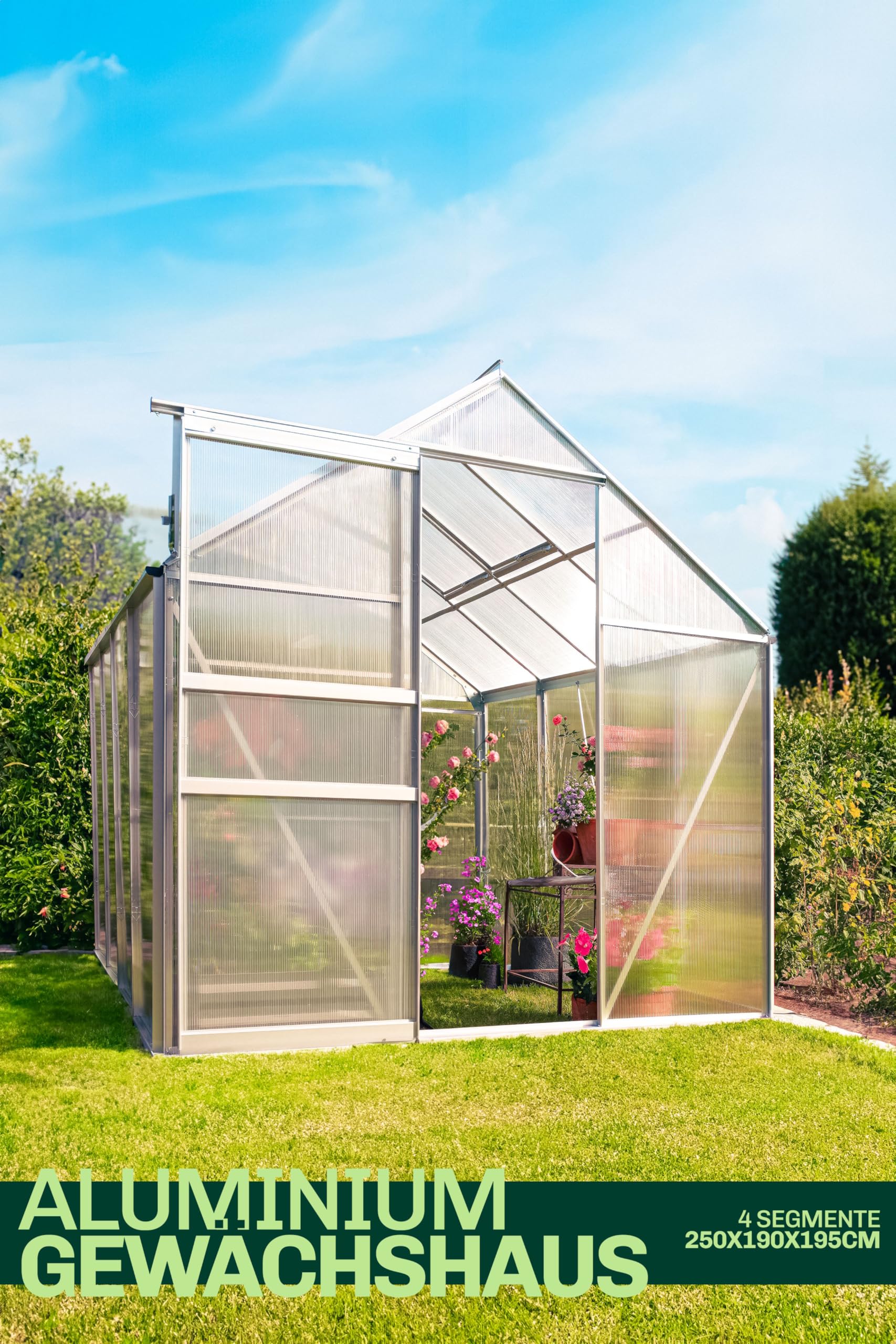 Aluminium Gewächshaus 250 x 190 cm - 4,75 m² - 4mm Platten - Robust, Winterfest & Vielseitig Nutzbar - Ideal für Tomaten, Kräuter & Jungpflanzen - Einfacher Aufbau, ohne Fundament