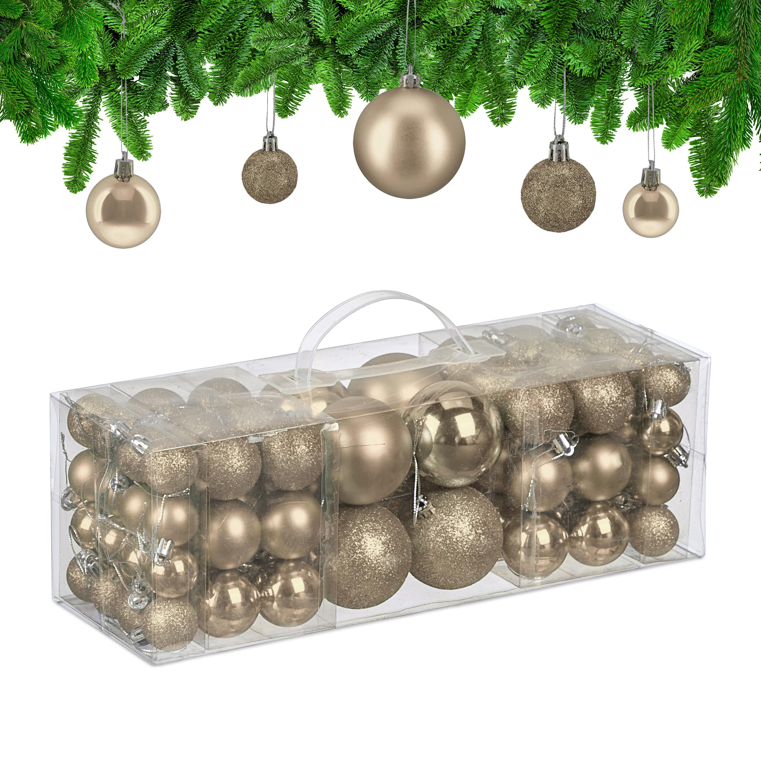 Relaxdays Christmas Baubles, Set of 76, Tree Ornaments, Holiday Decorations, Plastic, Glittery, Matte & Shiny, Champagne