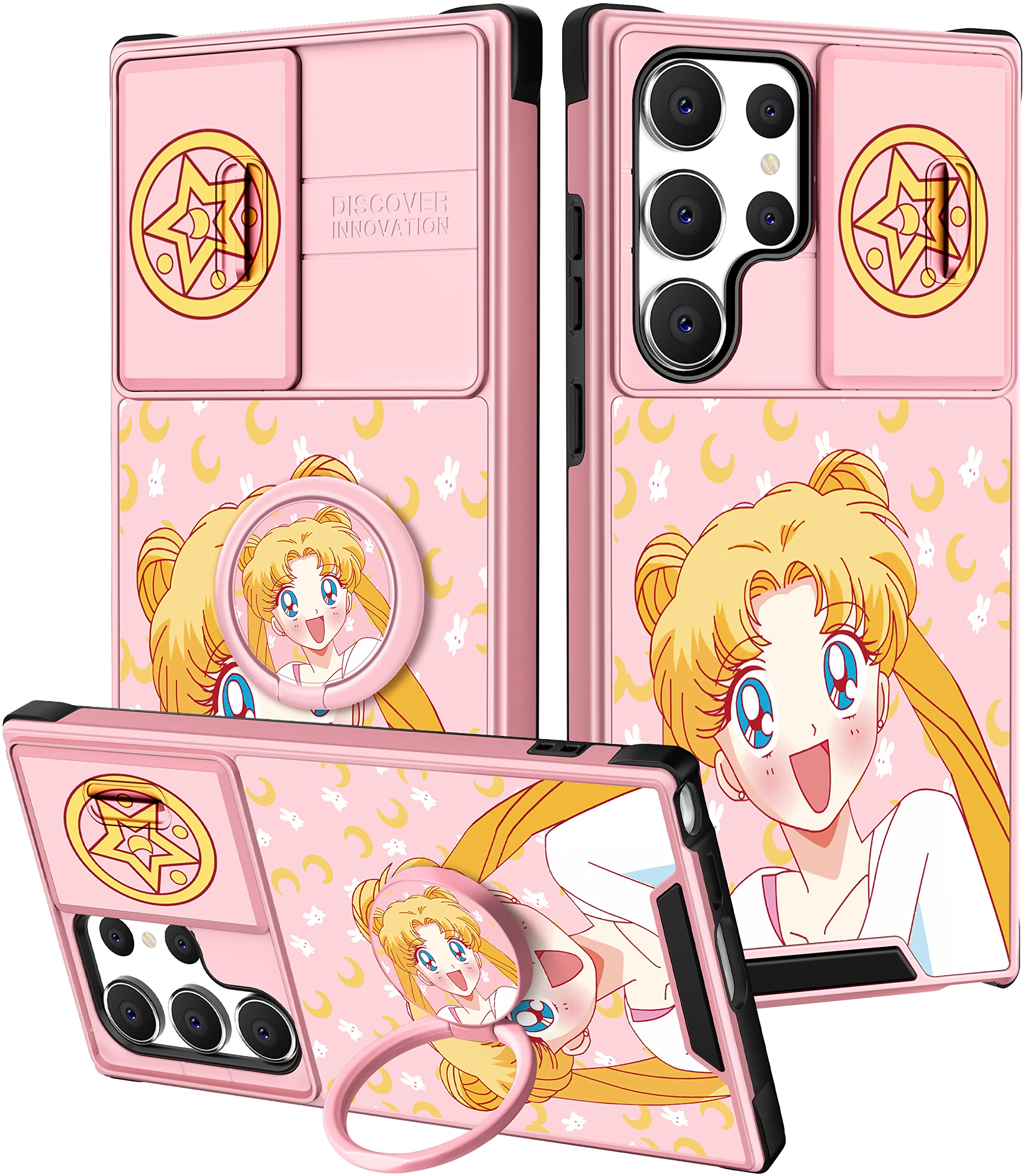 Qerrassa Case for Samsung S23 Ultra with Camera Cover+Ring Holder, Hard Case for Women - Girly Cute Cartoon Kawaii Funny Shockproof Phone Case for Samsung Galaxy S23 - Moon Girl