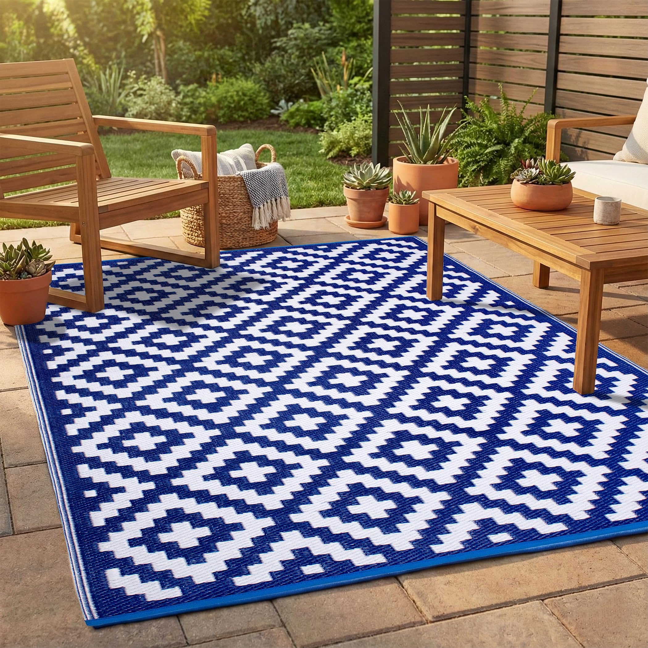 FH Home Outdoor Rug - Waterproof, Fade Resistant, Reversible - Premium Recycled Plastic - Geometric - Porch, Deck, Balcony, Mudroom, Laundry Room, Patio - Aztec - Blue & White Crease Free - 3 x 5 ft