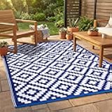 Outdoor Rug - Waterproof, Fade Resistant, Reversible - Premium Recycled Plastic - Geometric - Large Patio, Deck, Sunroom, Camping, RV - Aztec - Blue & White Crease Free - 6 x 9 ft
