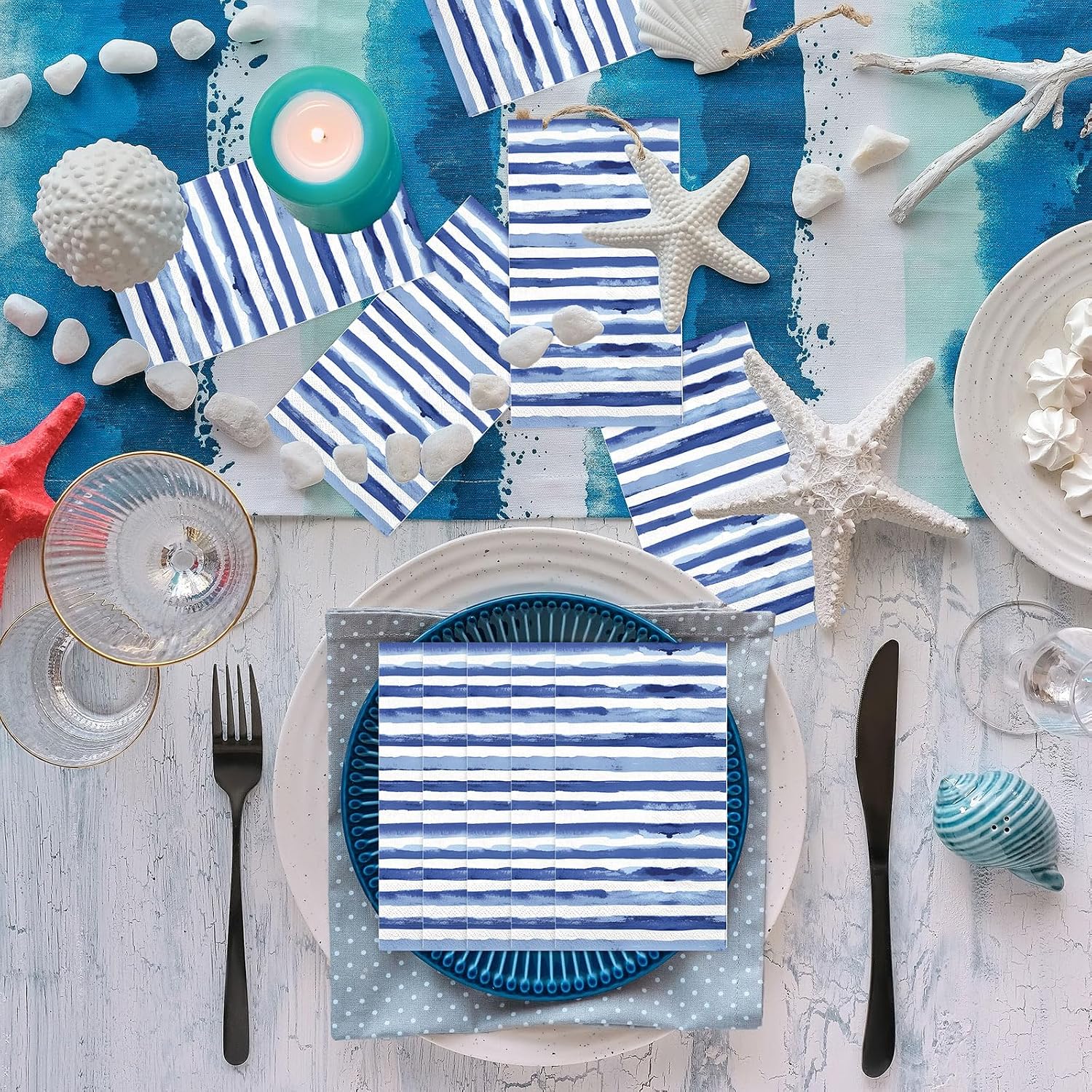 JarThenaAMCS 100Pcs Navy Blue Stripe Guest Napkins Nautical Striped Disposable Paper Napkins Watercolor Hand Guest Towel for Beach Party Coastal Summer Gathering Bridal Shower Tableware image 5