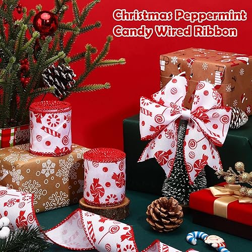 Miniatura 4 de 2 rollos de cinta de arpillera de 2.5 pulgadas de ancho con alambre de caramelo de Navidad de 12 yardas para manualidades, corona, árbol, decoración
