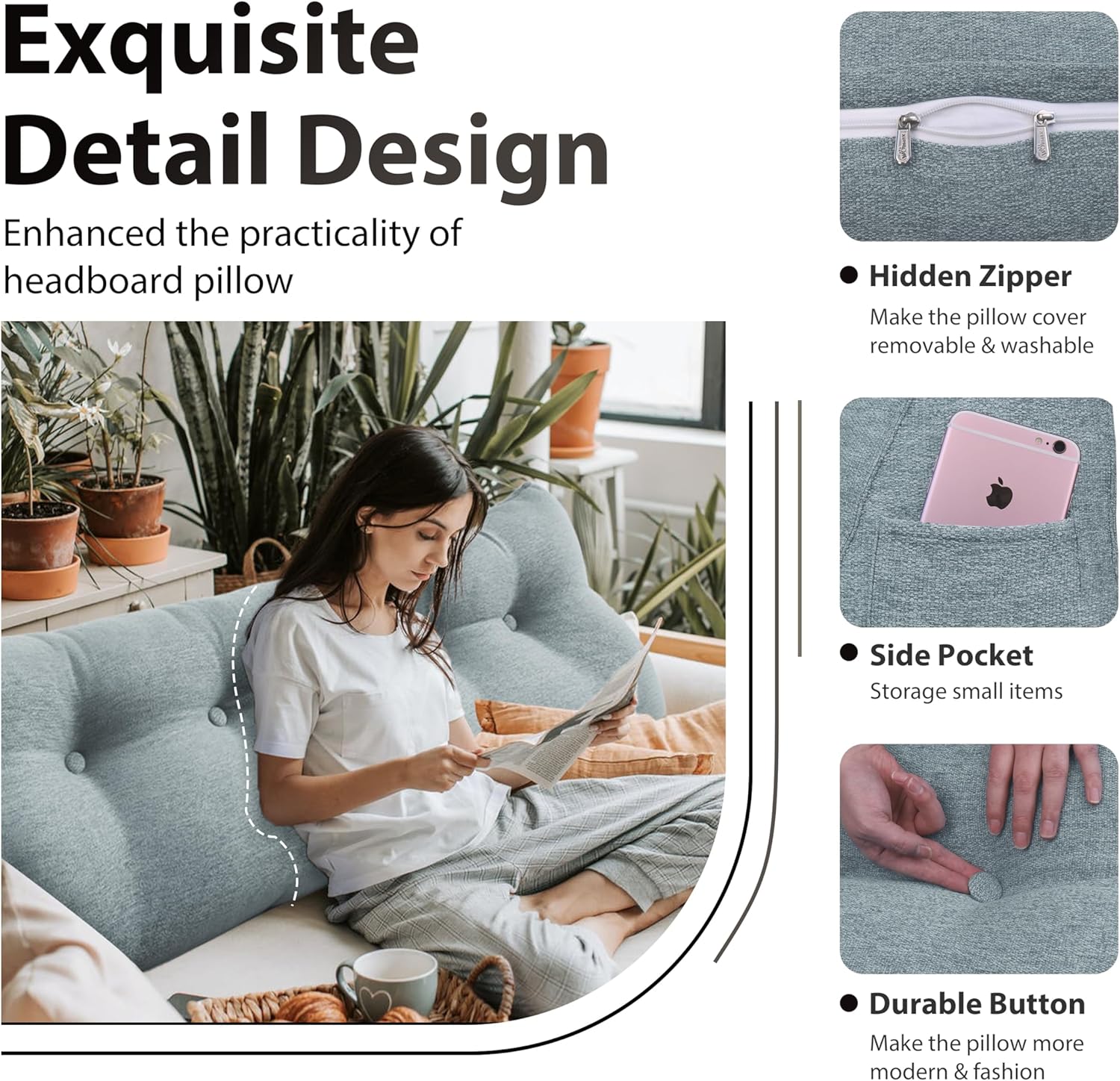 Daneey Headboard Wedge Pillow Bed Wedge Pillow for Headboard Bolster Reading Pillow for Bed Back Pillow for Sitting in Bed Wedge Pillow Headboard with Removable Cover (Gray, Queen)