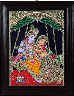 Exotic India Radha Krishna on Swing Tanjore Painting | Traditional Colors With 24K Gold | Teakwood Frame | Gold &