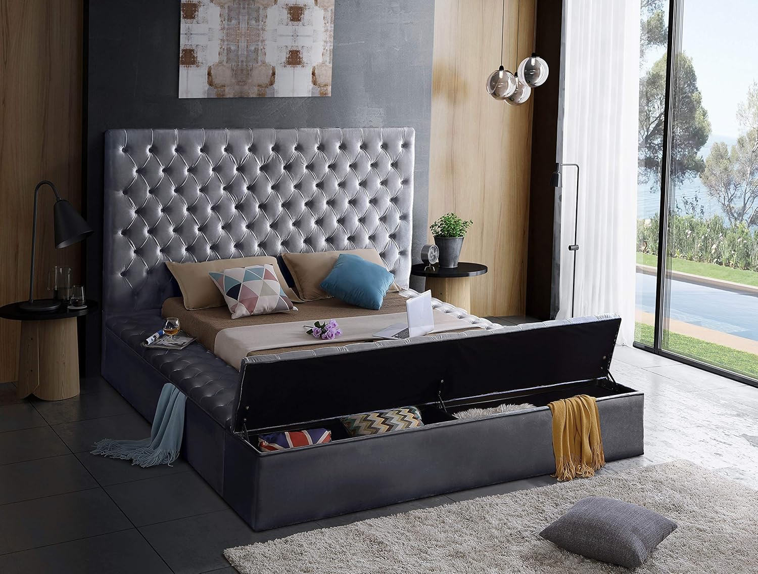 Meridian Furniture BlissGray-K Bliss Collection Modern | Contemporary Velvet Upholstered Bed with Deep Button Tufting and Storage Compartments in Rails and Footboard, Gray, King