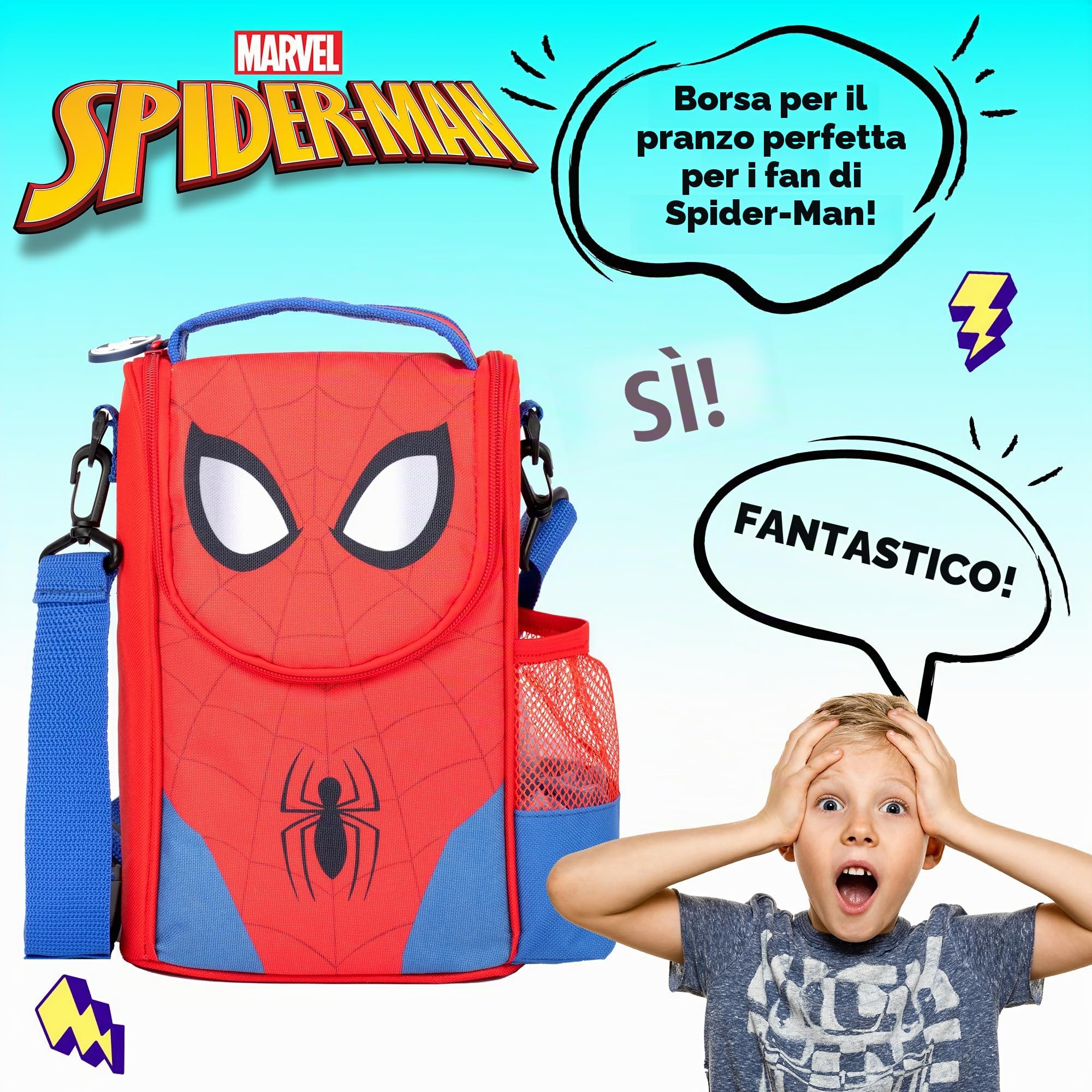 Marvel Borsa portapranzo Spiderman con tracolla e tasca laterale per bottiglia per bambini per la scuola isolata termica grande cibo Carier per ragazzi