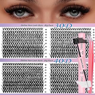 Kit de racimos de pestañas Wispy Lash Racimos 30D+40D Racimos de pestañas individuales Kit de 800 piezas de 0.315-0.630 in Kit de pestañas autoadhesivas de banda fina y pinzas de sellado