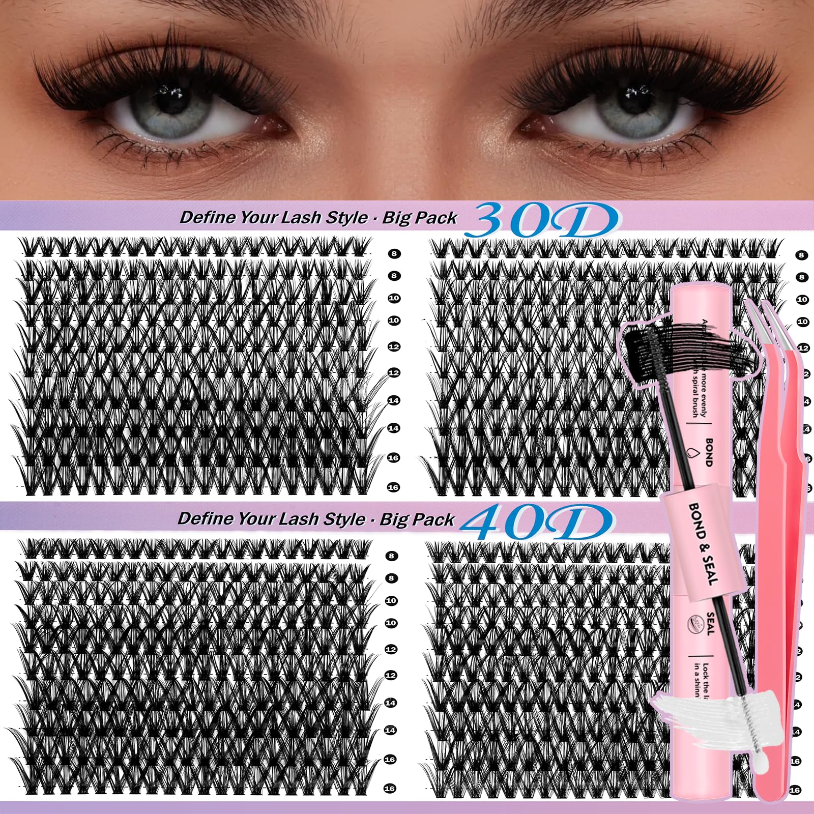 Lash Clusters Kit Wispy Lash Clusters 30D+40D Eyelash Clusters DIY Individual Lashes Clusters Kit 800pcs 8-16mm Self Adhesive Eyelashes Kit Thin Band Lash Bond and Seal Tweezers