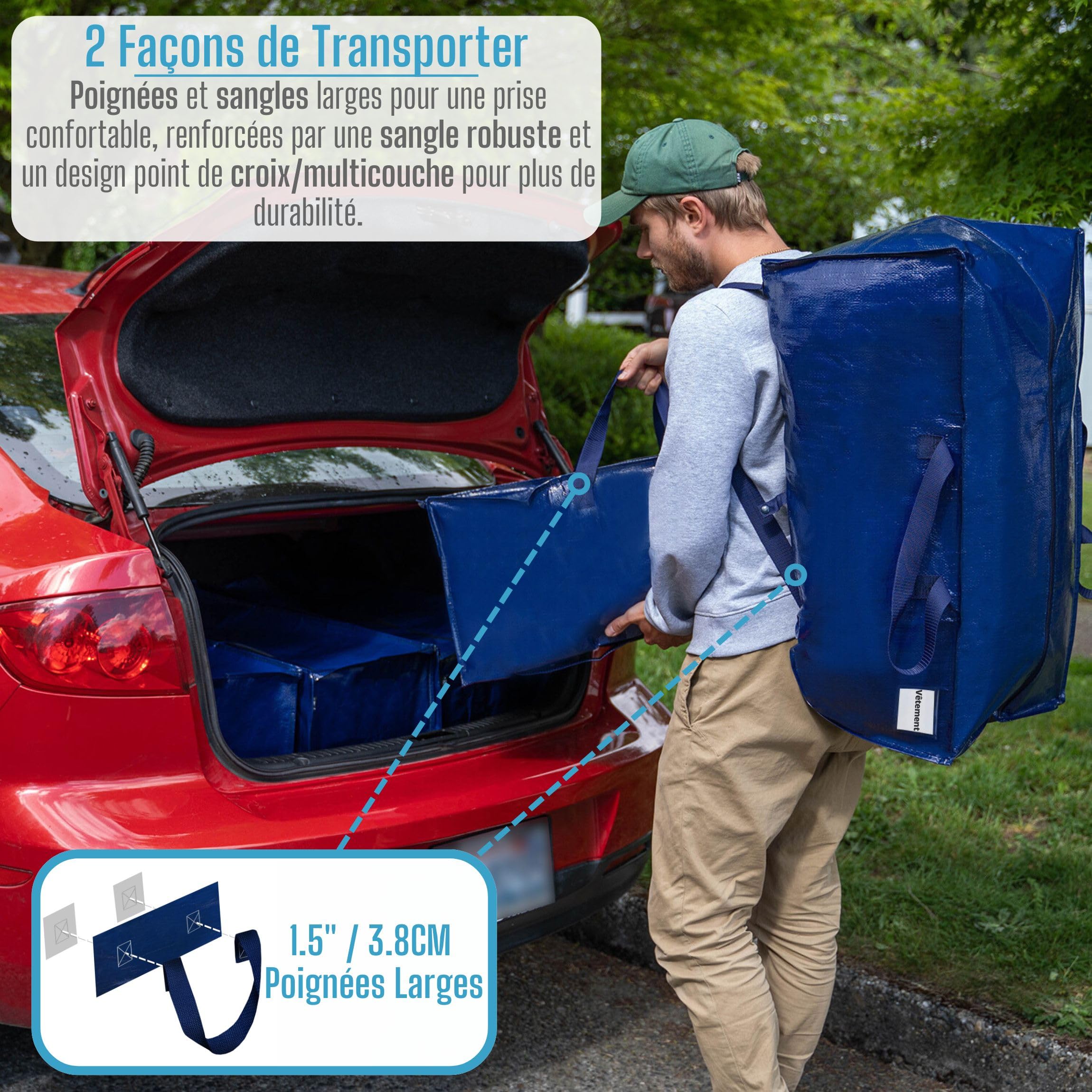 VENO Lot de 4 Sac Rangement Vêtements grand, Sacs Déménagement Pliable avec Sangles de Sac à Dos et Poignées Solides, Alternatives aux Cartons de Déménagement (Bleu, Lot de 4)
