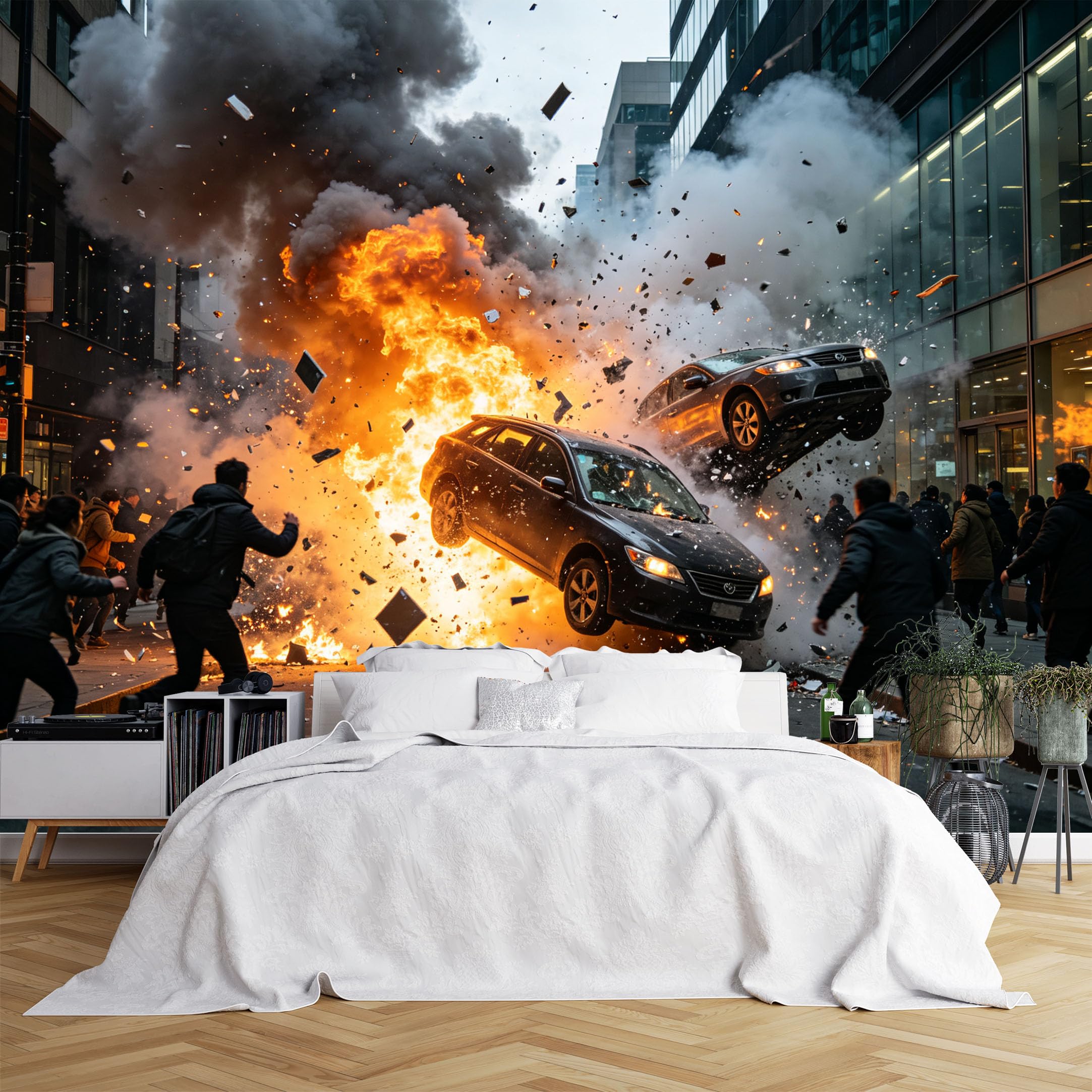 Lcythiazole Ch260615181 Custom Size Wall Murals Urban Street Car Explosion Panic Crowd Scene Realistic Self-Adhesive Wall Fabric (No Pvc) Removable Wallpaper For Game Room Studio