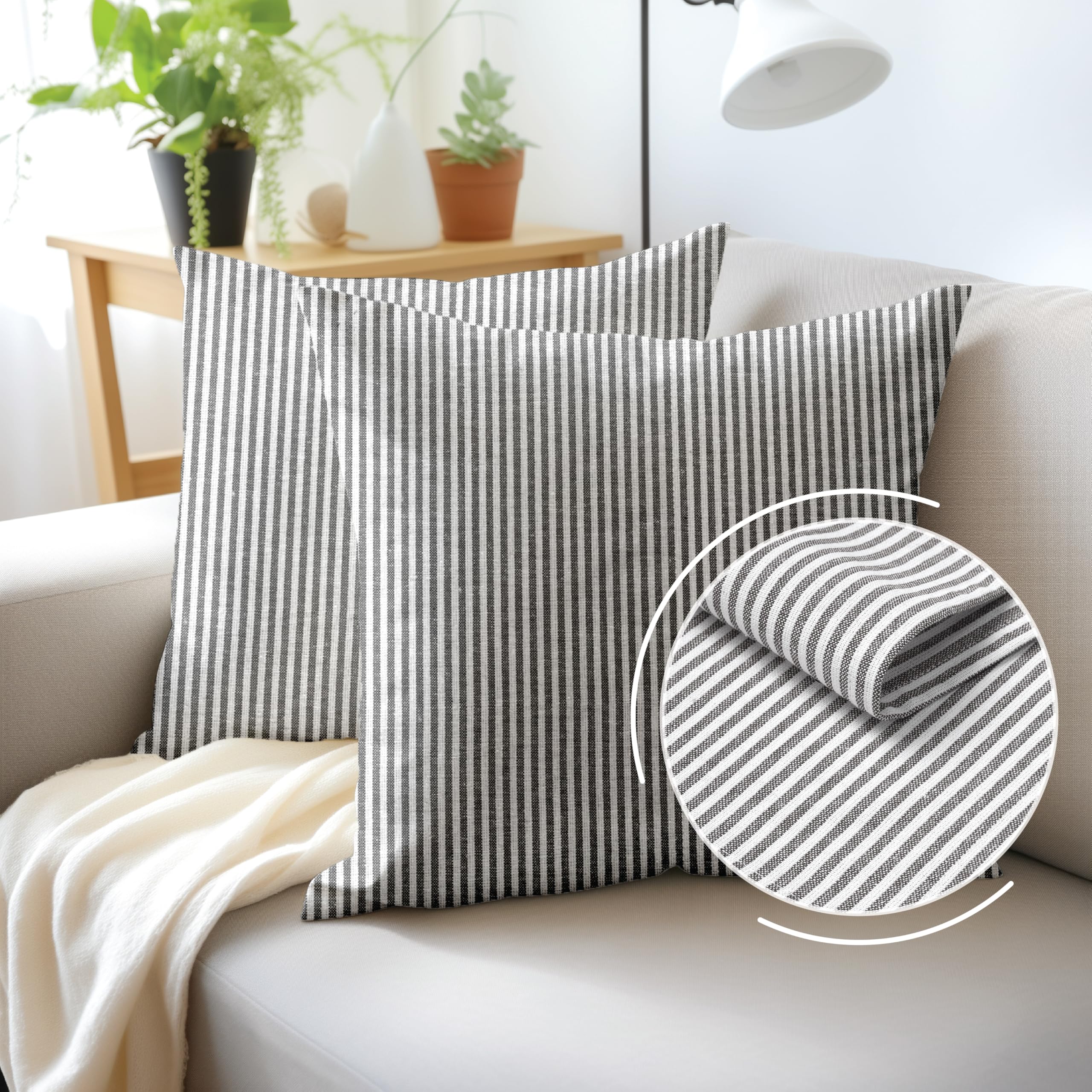 Encasa XO Cushion Covers 2 pcs set (45x45 cm), Ticking Black, Decorative Large Square Colourful Washable Eco, Cotton