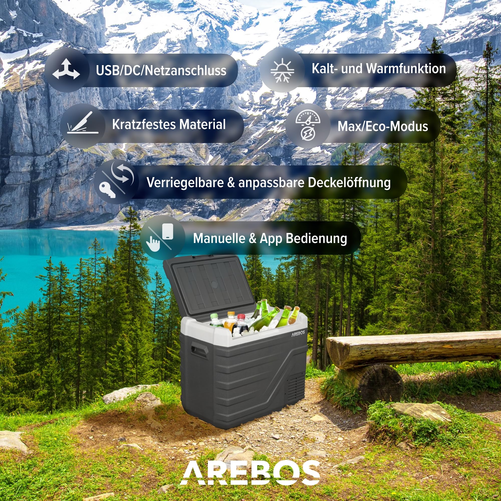 Arebos Kompressor Kühlbox 43 Liter Elektrische Gefrierbox APP Smart-Steuerung Mobile Kühltruhe USB-Anschluss -20 °C 12/24 V 230V