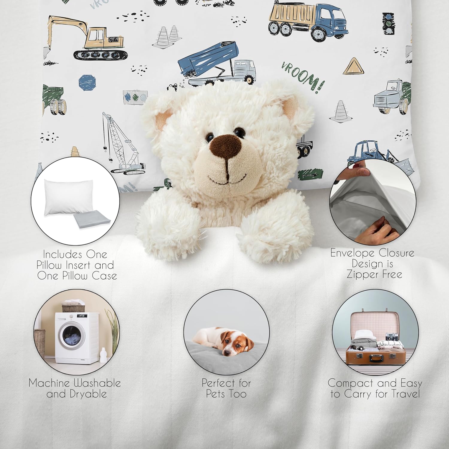 Sweet Jojo Designs Construction Truck Boy Toddler Pillow with Pillowcase 13 x 18 in. Small Airplane Travel Essentials Must Haves for Sleeping Pets Kids Bed Grey Blue Green Transportation Zone Vehicles