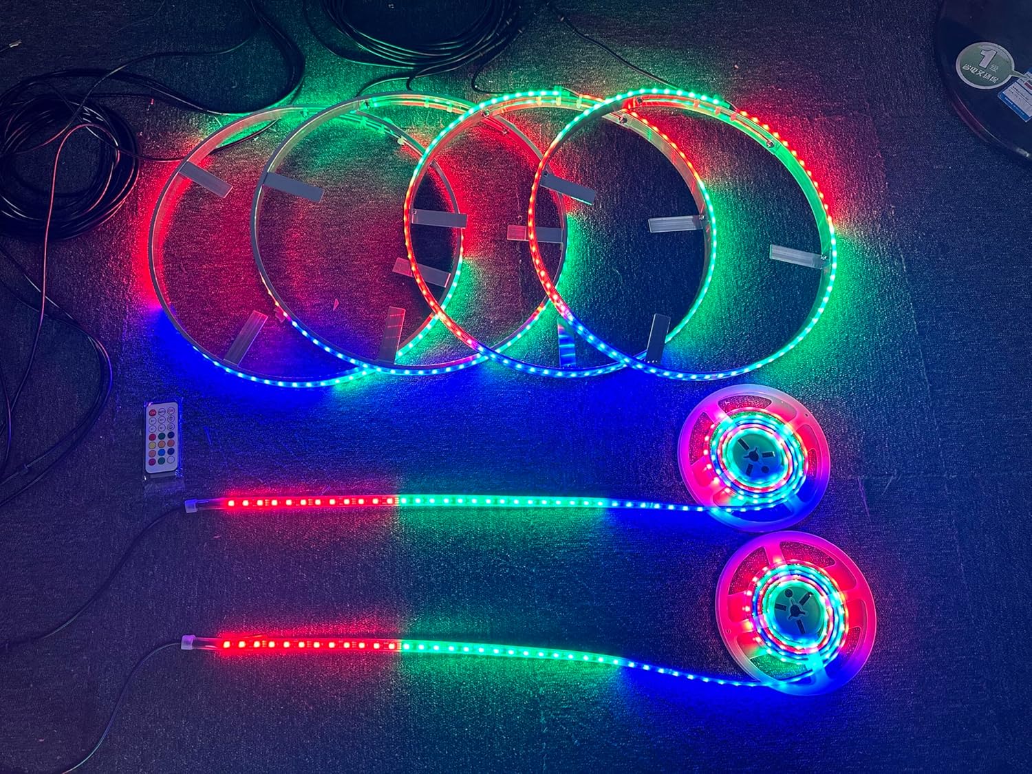 SDO 15.5'' RGB Dream Color Chasing LED Illuminated Wheel Ring Light + 2PCS 6.5FT LED Strip Lights 6Plugs Sync Car Rim Lights Breathe/Flashing Bluetooth & Remote Ctrl