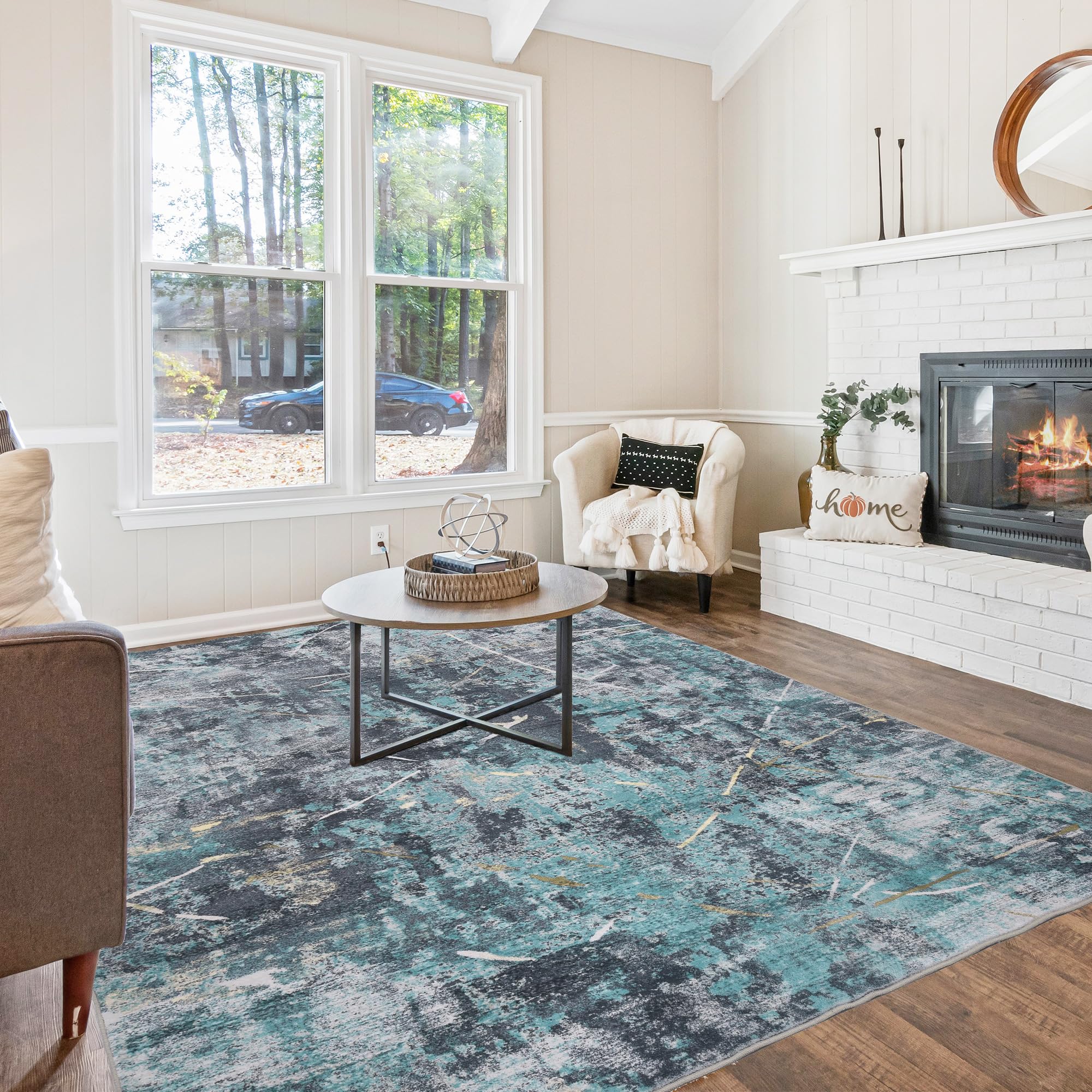 8x10 Rug Washable Bedroom Rug Large Boho Rug Soft Area Rug Abstract Non-Slip Non-Shedding Low Pile Vintage Rug for Living Room, Farmhouse, Dining Room, Kids Playroom, 8 X 10 Grey/Blue Alps