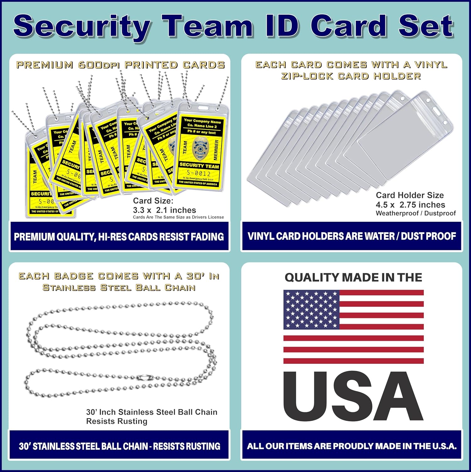 Security Guard Team ID Card/Badge Set - (Custom Printed with Your Company Name & Number) PVC Plastic - Available in 12, 36, 60 and 108 Piece Sets - Made in The U.S.A. Yellow