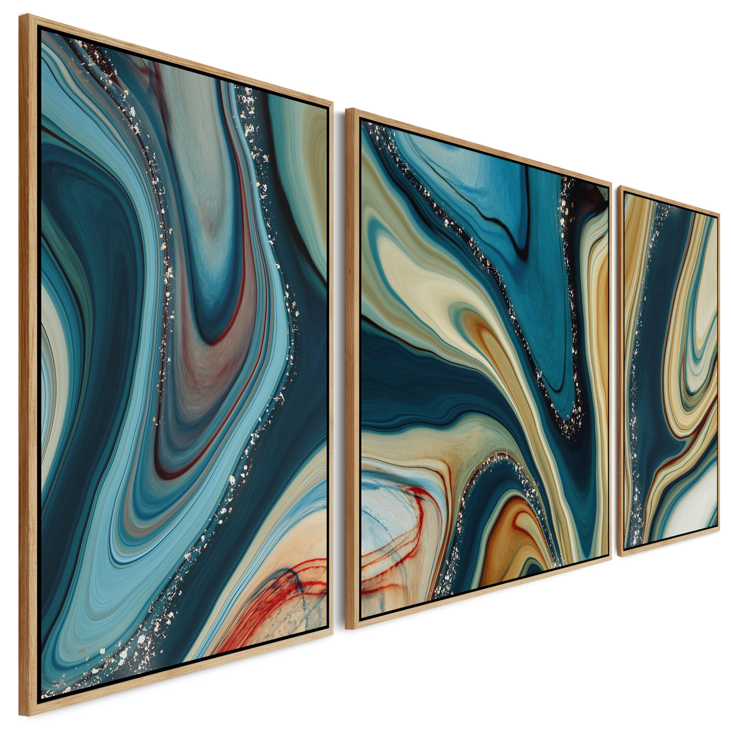 Wallfillers Extra Large Framed Wall Art Pictures for Living Room - Teal Blue Abstract - Set of 3 - XXL 212cm Wide
