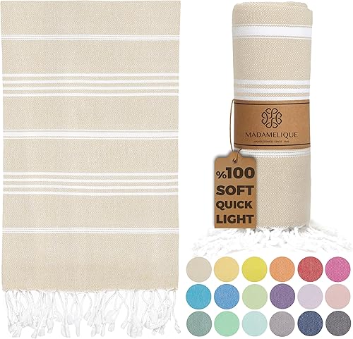Miniatura 15 de Madamelique Toalla de playa turca con bolsa de playa, 39 x 74 pulgadas, toallas de playa prelavadas de gran tamaño, 100 % algodón, secado rápido