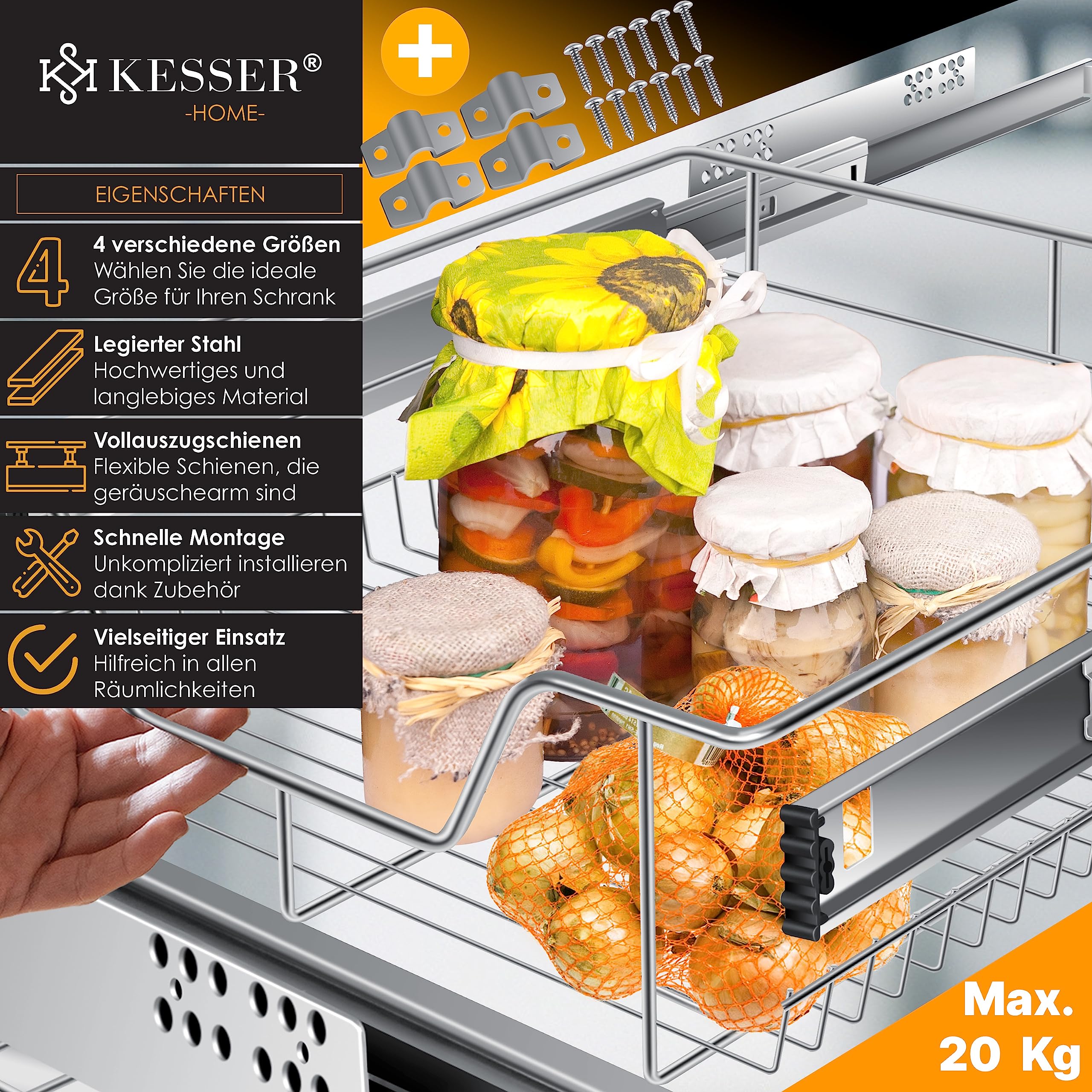 KESSER® Teleskopschublade 3er Set 60cm Schrankbreite verchromt aus Edelstahl Schubladeneinsatz für Küchenschrank Korbauszug Schrankauszug, Silber