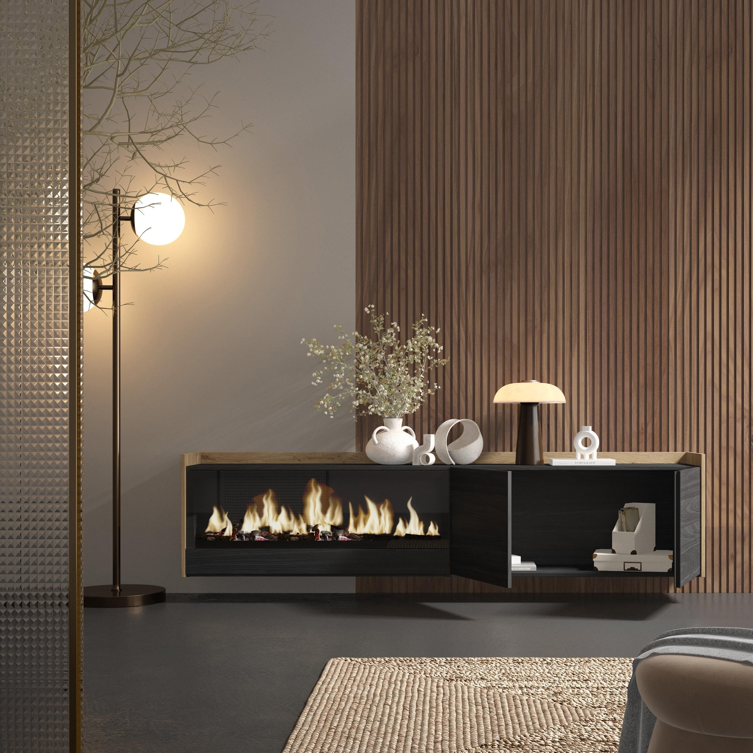 Skraut Home | Meuble TV | Banc Télé | Grand Espace de Rangement | 212x50x35 cm | pour écrans jusqu'à 80" | Cheminée électrique XXL | Suspendu, Mural | Style Moderne | Noir et chêne