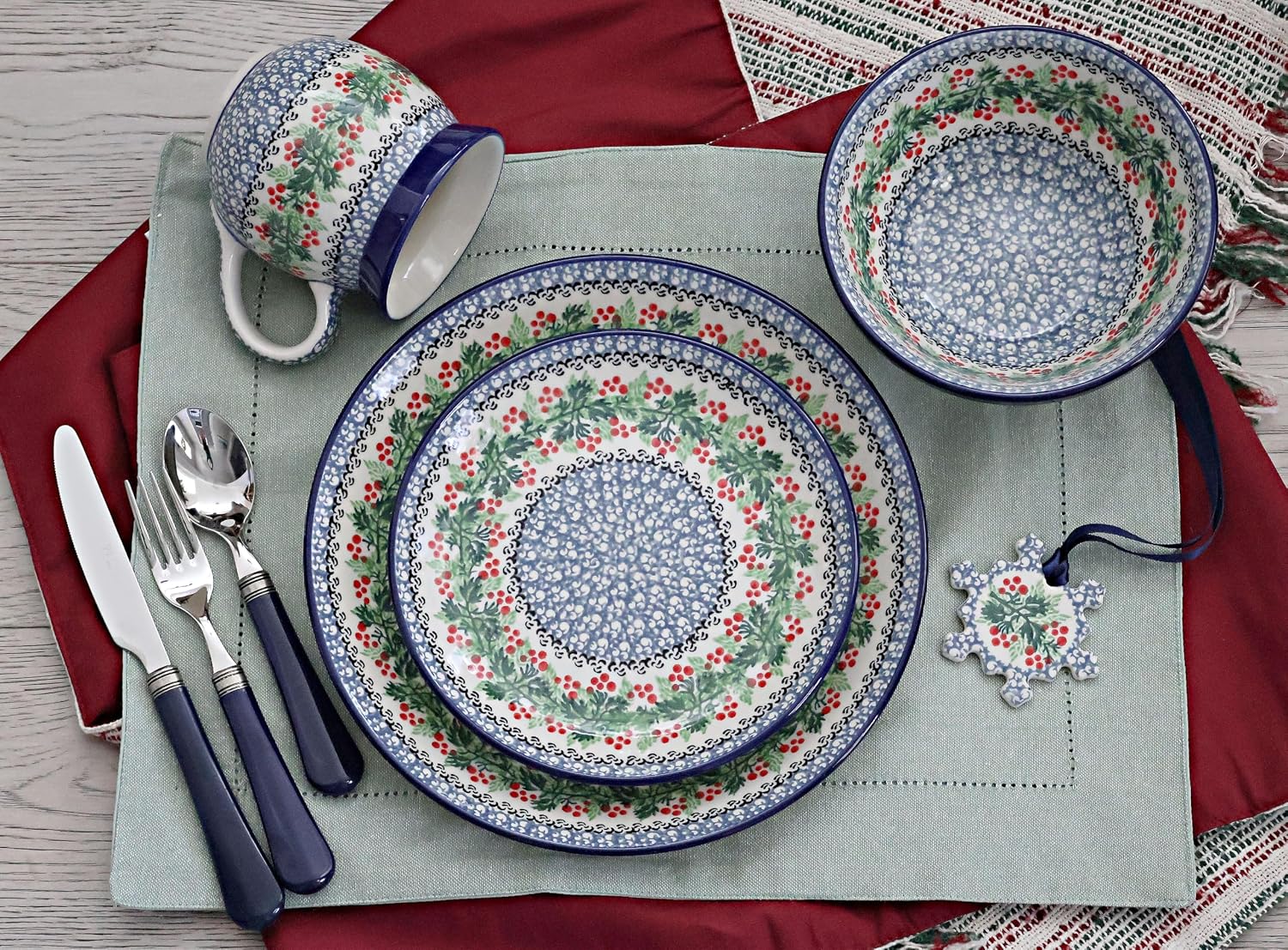 Blue Rose Polish Pottery - Blue Noelle Cereal/Soup Bowl - 6.5" Diameter - Ceramic Bowl, Festive Design for Breakfast, Soups & Stews