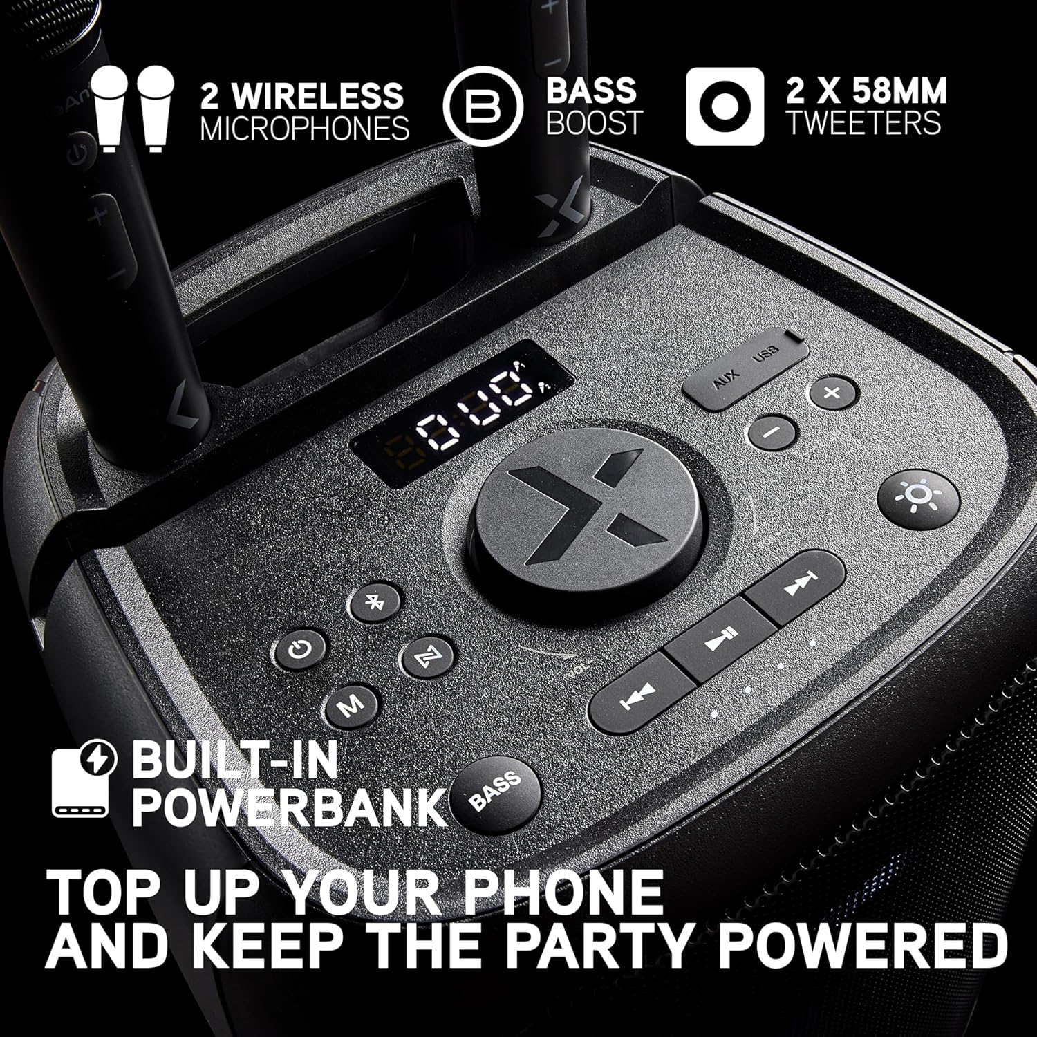BlueAnt X5i 120W Bluetooth Party Speaker, Massive Bass Boost with Dual Wireless Microphones for Karaoke, LED Light Show, Long Battery Life, Built-in Powerbank, Black - Image 5
