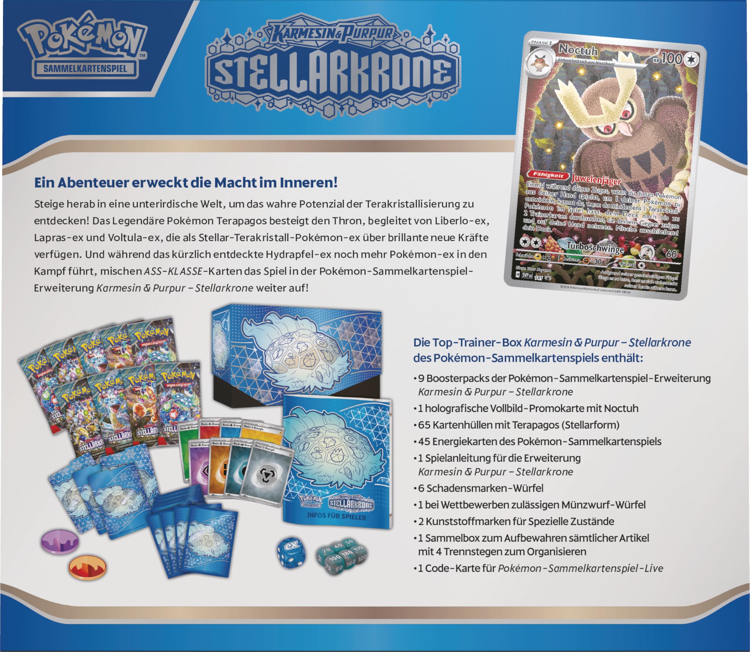 Pokémon - Gra karciana kolekcjonerska: Top Trainer-Box Karmesin & Purpur – Stellarkorone (1 karta promocyjna pełnoekranowa, 9 pakietów wzmacniających i akcesoria premium)