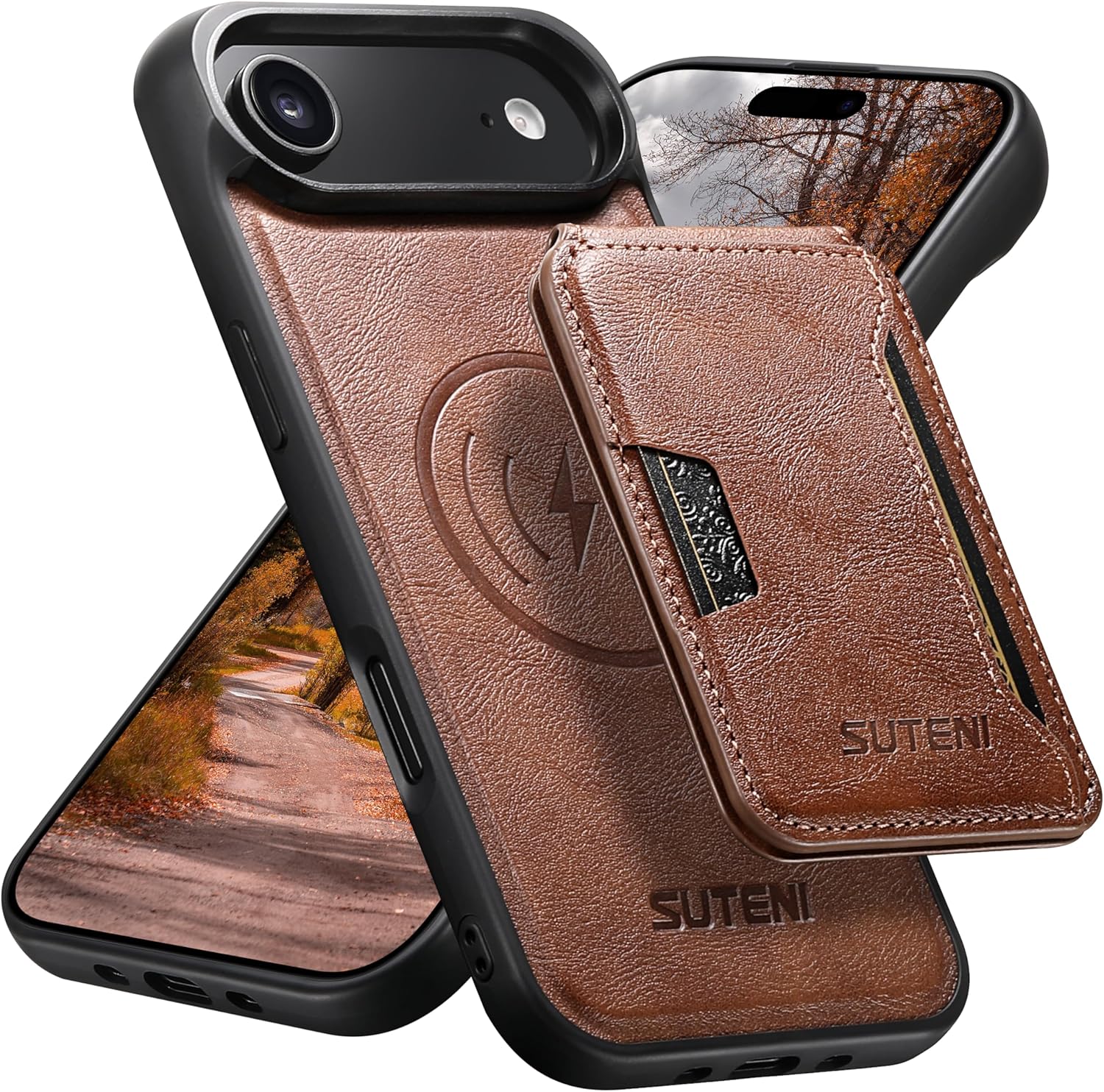 Compatible with MagSafe iPhone 17 Air Case Wallet,2 in 1 Leather Magnetic Detachable Credit Card Holder Flip Cover Kickstand Shockproof for Men Women Military Protection Phone Cover,Brown