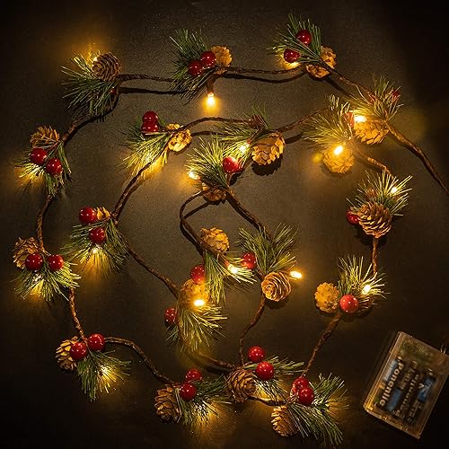 Miniatura 2 de FUNPENY Guirnalda de luces de piñas de Navidad, 6.56 pies, 20 agujas de pino LED, bayas rojas, guirnalda de luz de otoño, decoración interior y