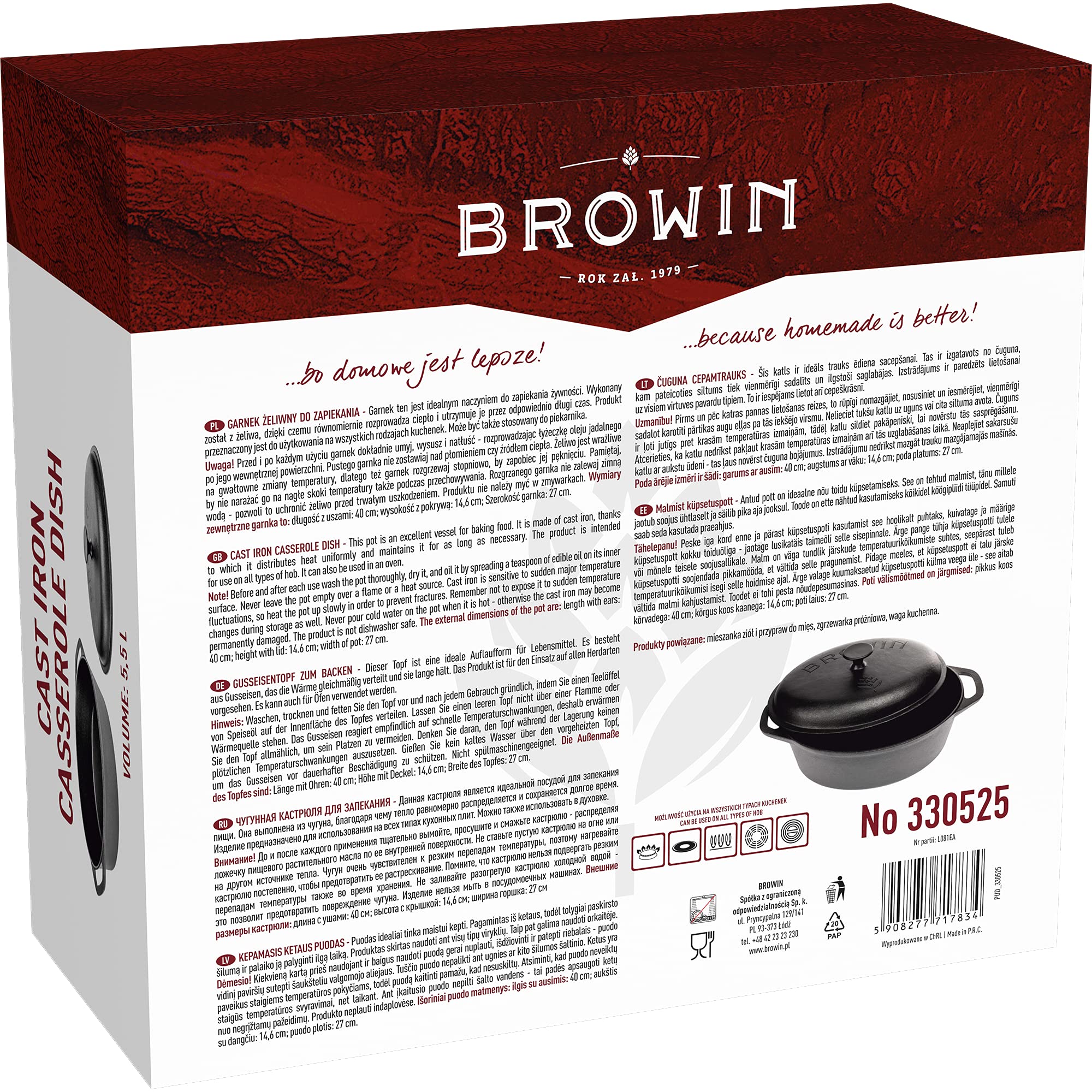 BROWIN® Marmite en fonte 330525 | Cocotte traditionnelle en fonte | Pot à pain robuste avec couvercle pour induction, four et cuisinière | Cocotte pour cuisiner, braiser, rôtir, frire | Noir 5,5 l